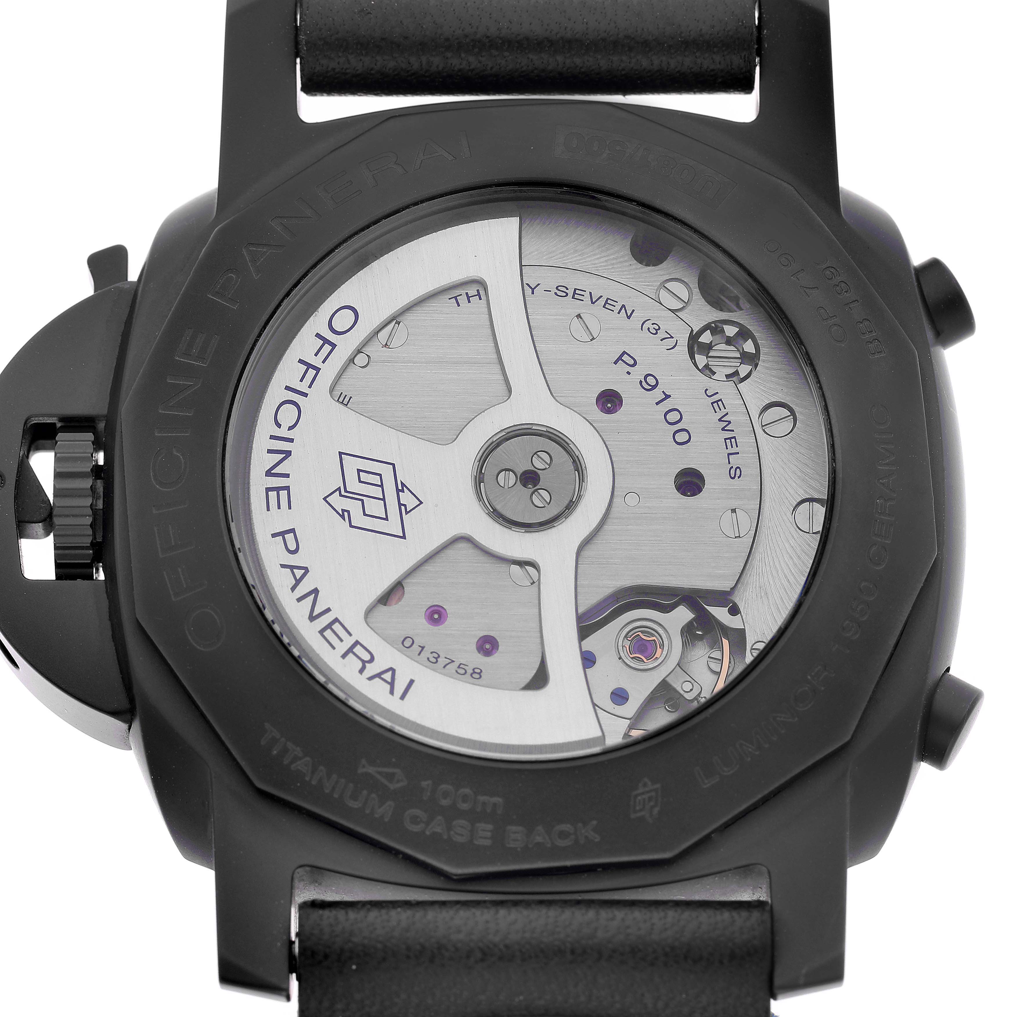 The image shows the back of a Panerai Luminor PAM00580 Men's Ceramic Black Dial watch, highlighting the movement and case details.