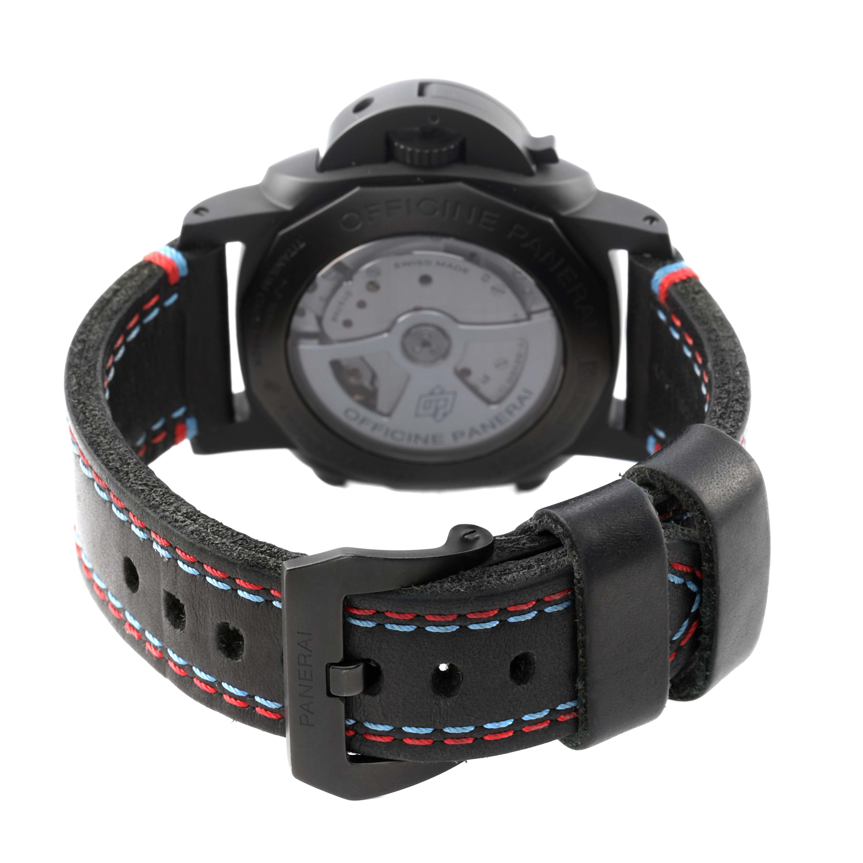The image shows the back of a Panerai Luminor PAM00580 Men's Ceramic Black Dial watch, highlighting the case back and black leather strap with blue and red stitching.