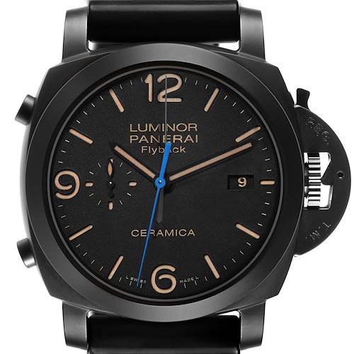 The Panerai Luminor PAM00580 Men's Ceramic Black Dial watch is shown from a front angle, highlighting the face, crown guard, and strap attachments.