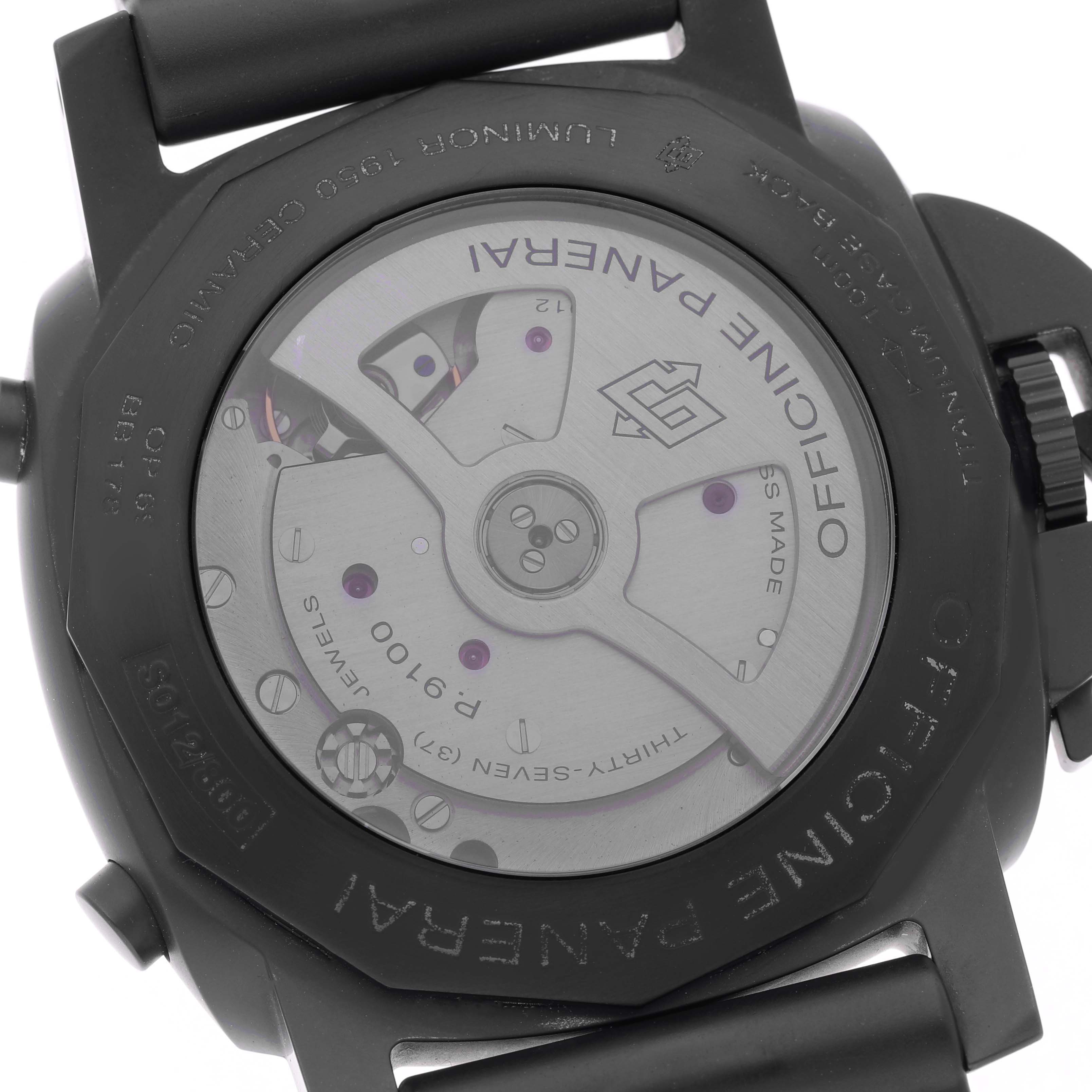 The image shows the back of a Panerai Luminor PAM00580 Men's Ceramic Black Dial watch, showcasing its exposed movement and engravings on the case back.