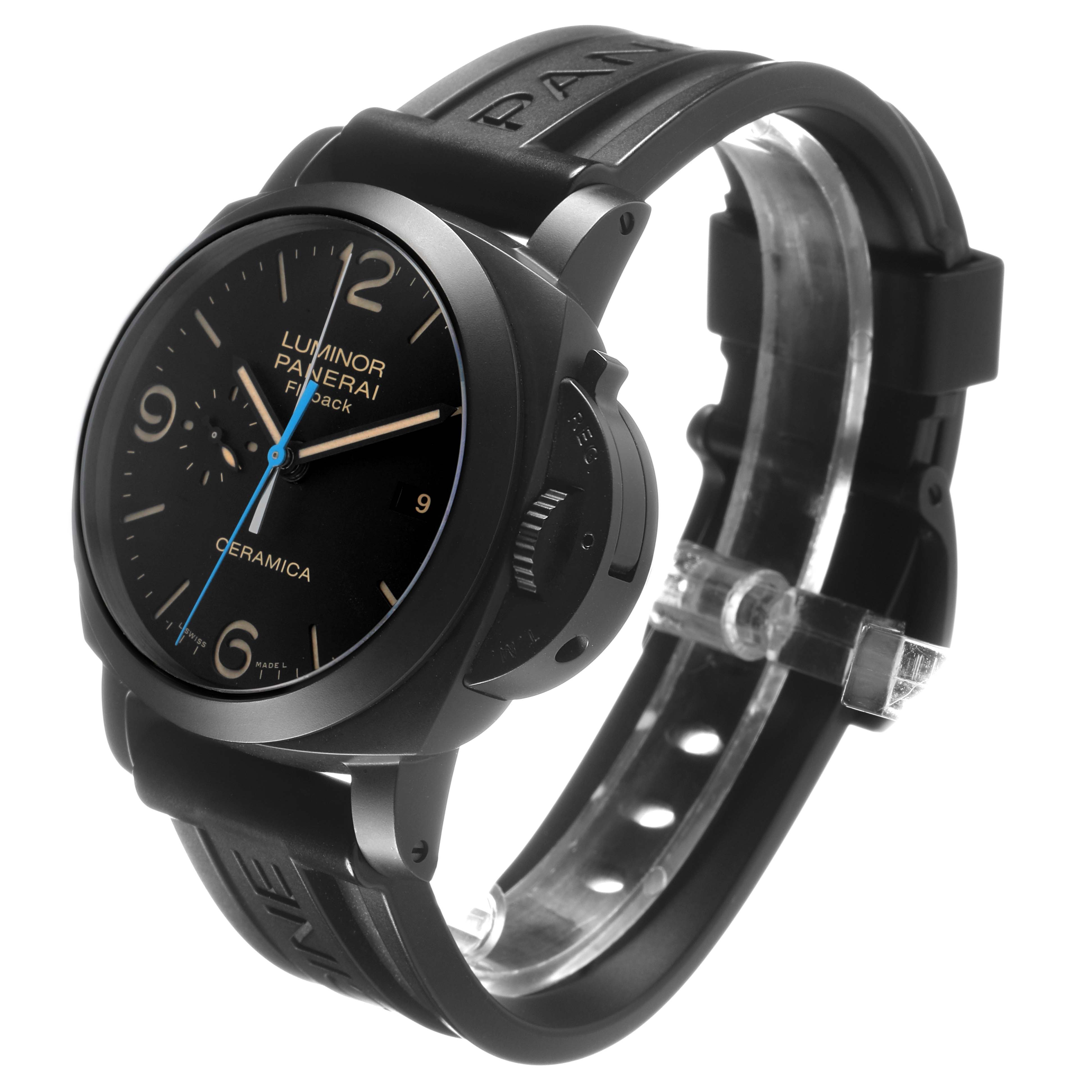 The Panerai Luminor PAM00580 Men's Ceramic Black Dial model is shown at a three-quarter angle, highlighting the face, case, and rubber strap.