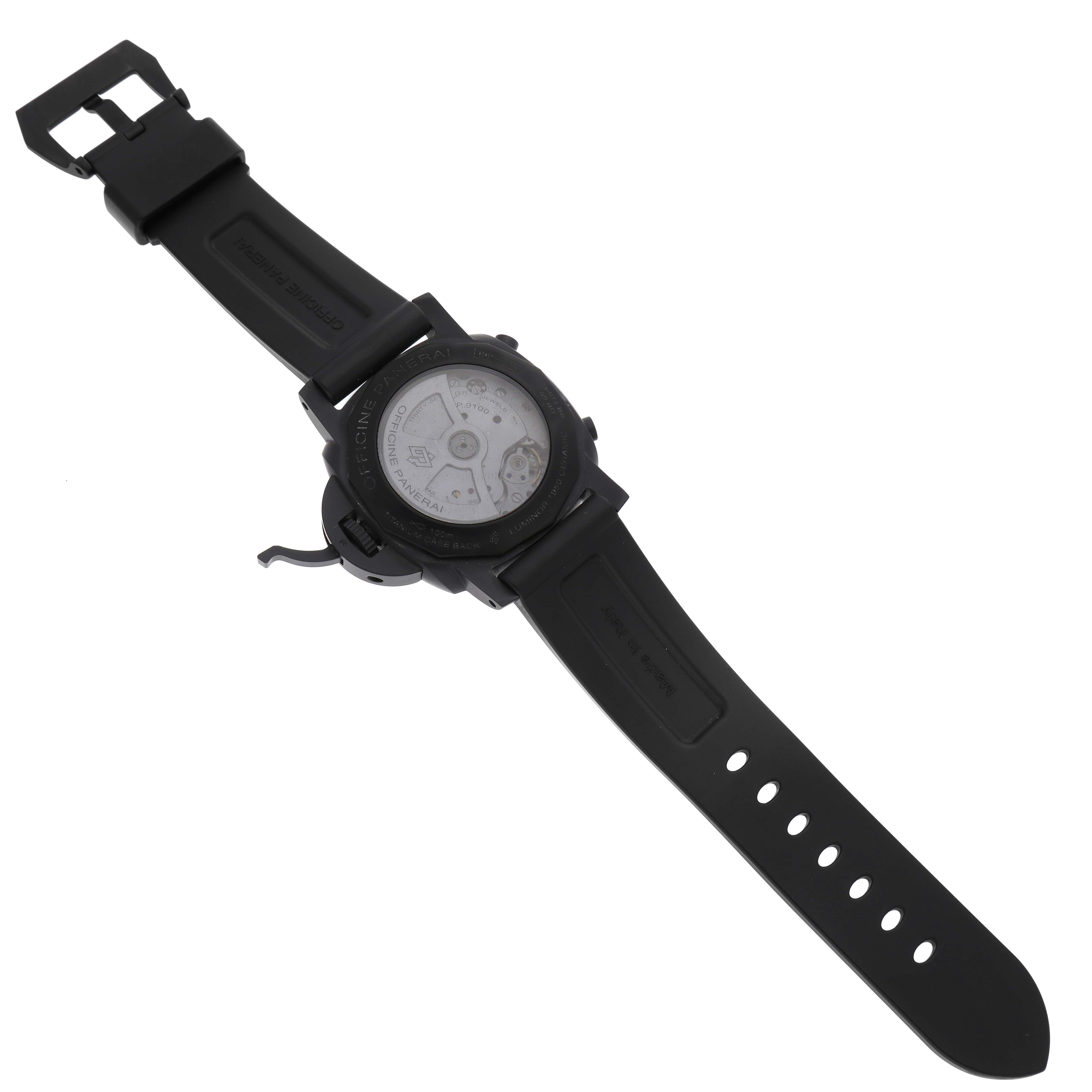 The image shows the back of a Panerai Luminor PAM00580 Men's Ceramic Black Dial watch, highlighting the strap and the transparent case back displaying the movement.