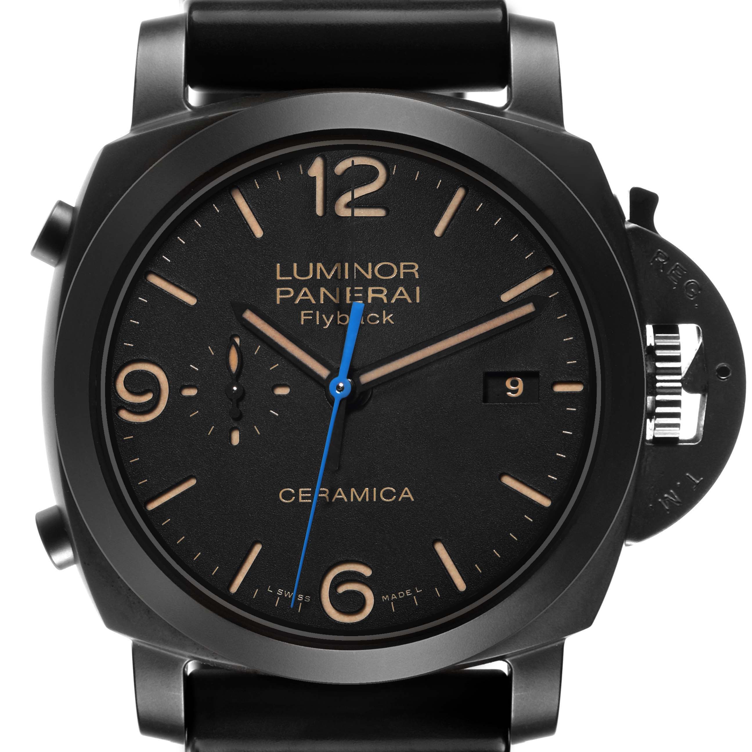 The Panerai Luminor PAM00580 Men's Ceramic Black Dial watch is shown from the front, featuring the dial, crown guard, and strap attachments.