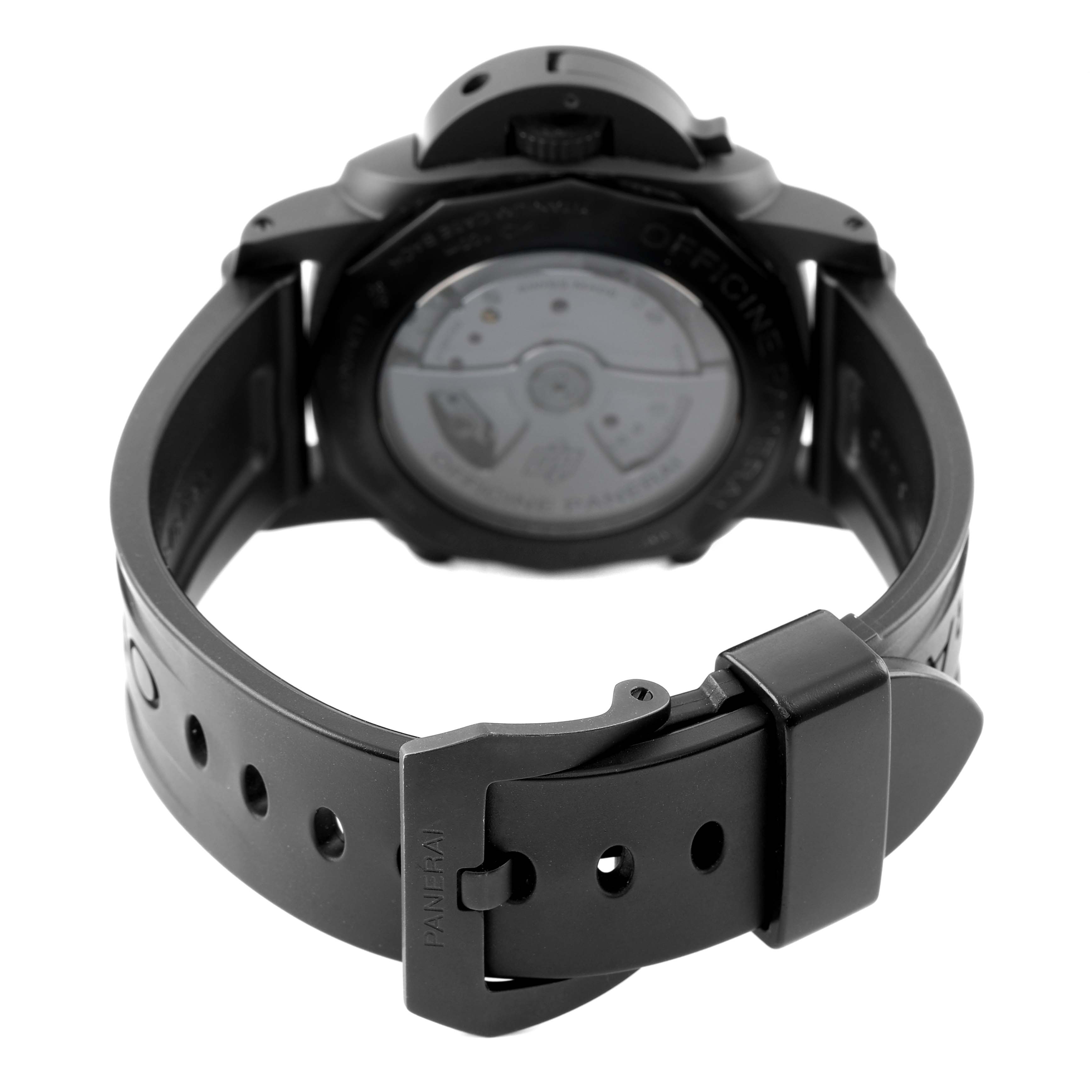 The image shows the back view of a Panerai Luminor PAM00580 Men's Ceramic Black Dial watch, highlighting the transparent case back and black strap with a buckle.