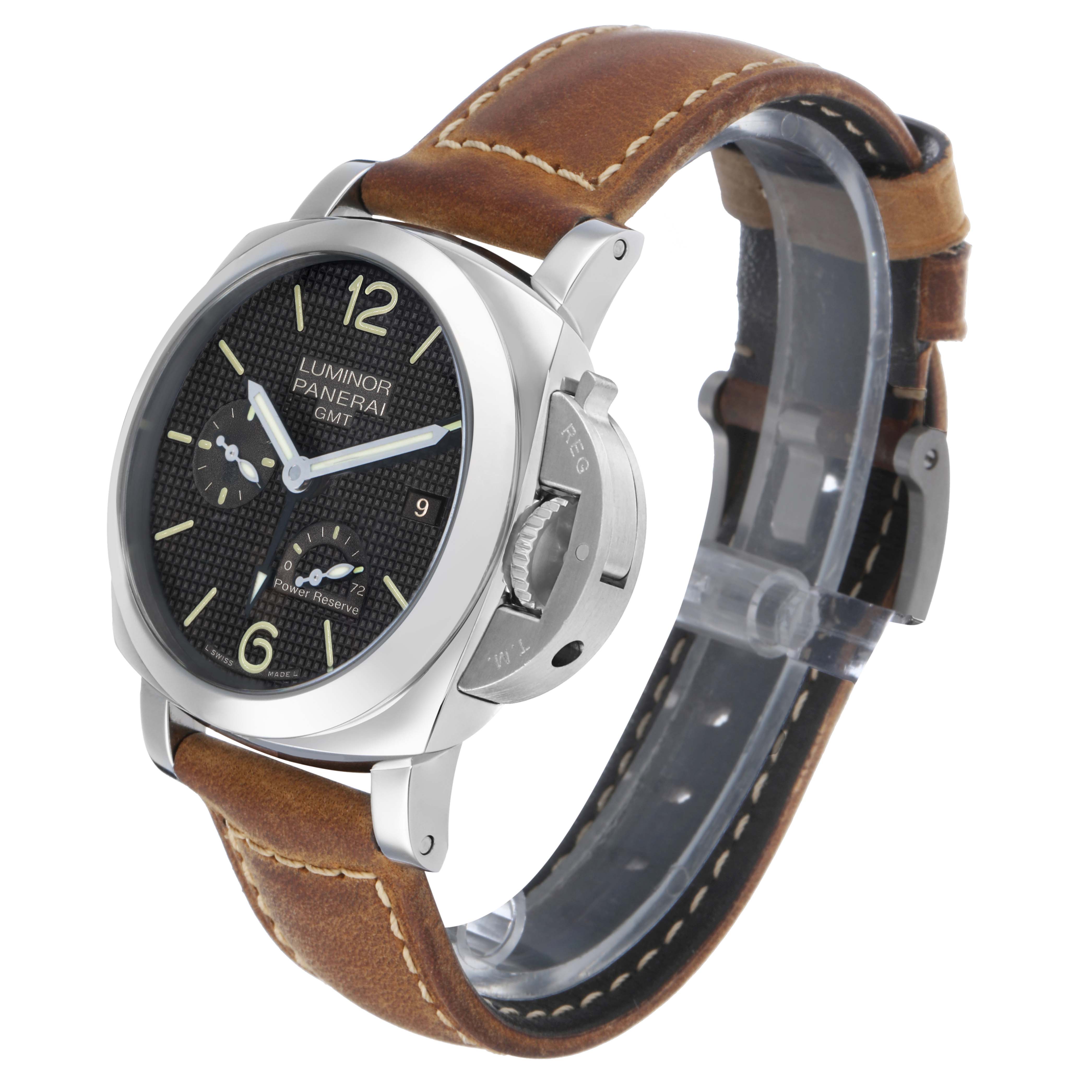 The Panerai Luminor PAM00537 Men's Stainless Steel Black Dial watch is shown at a three-quarter angle highlighting the face, crown guard, and brown leather strap.