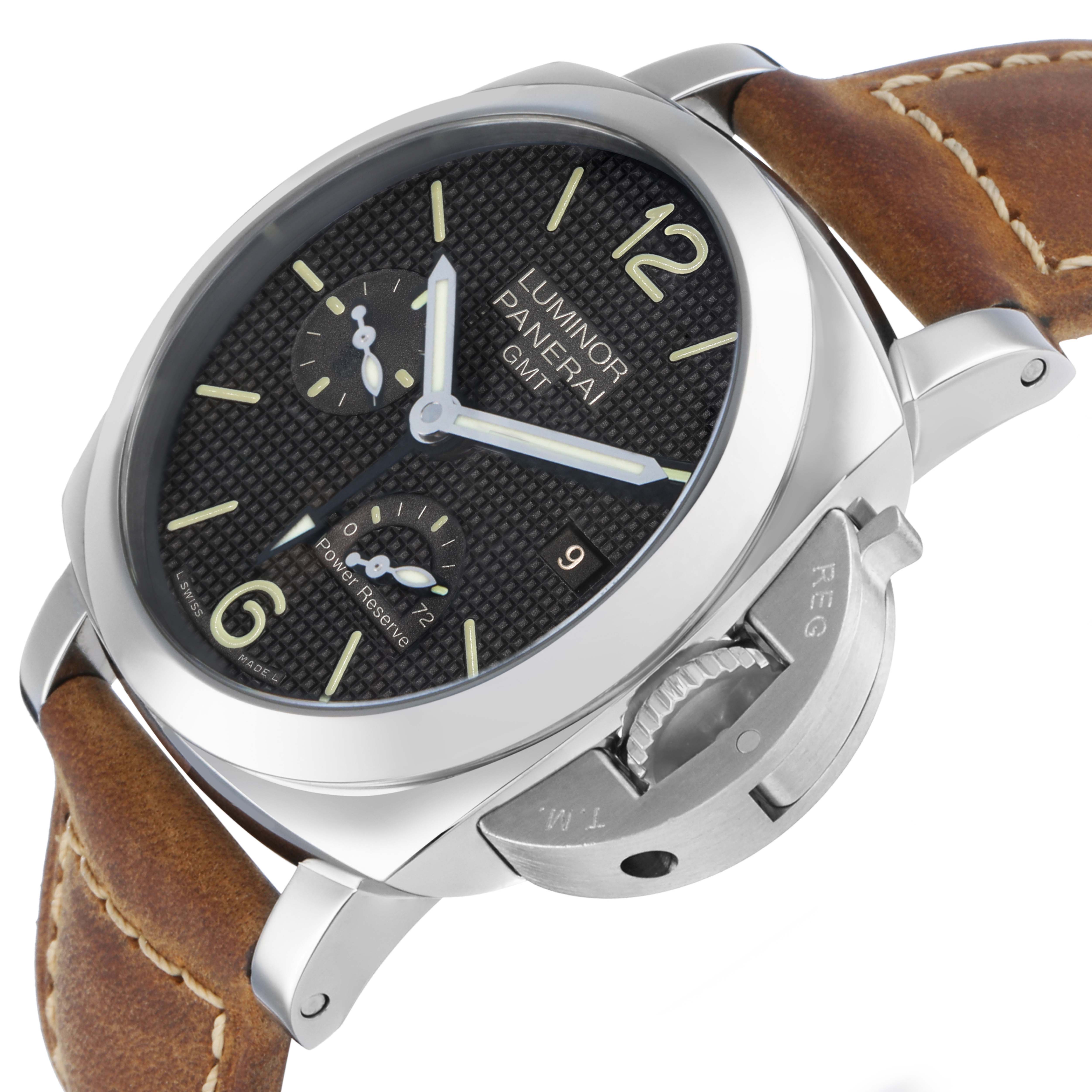 The Panerai Luminor PAM00537 Men's Stainless Steel Black Dial watch is shown from a side angle, highlighting the dial, crown guard, and leather strap.