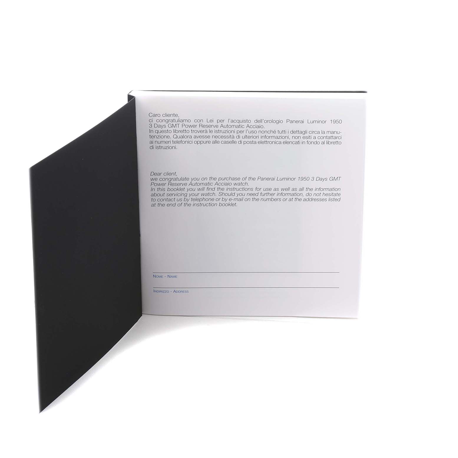 The image shows an open instruction booklet for the Panerai Luminor PAM00537 Men's Stainless Steel Black Dial model, focusing on the text inside.