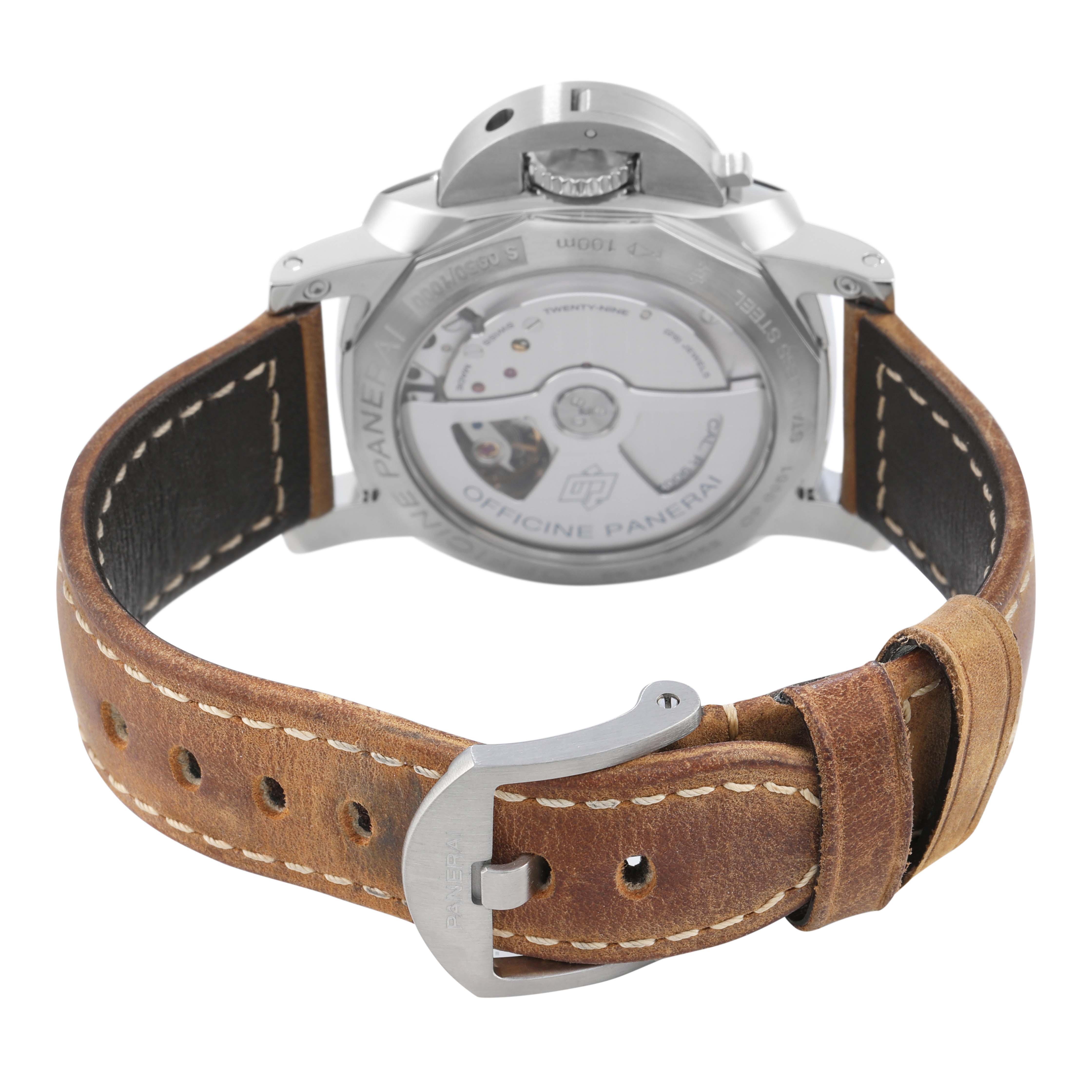 The image shows a rear view of the Panerai Luminor PAM00537 Men's Stainless Steel Black Dial watch, highlighting its open case back and brown leather strap.