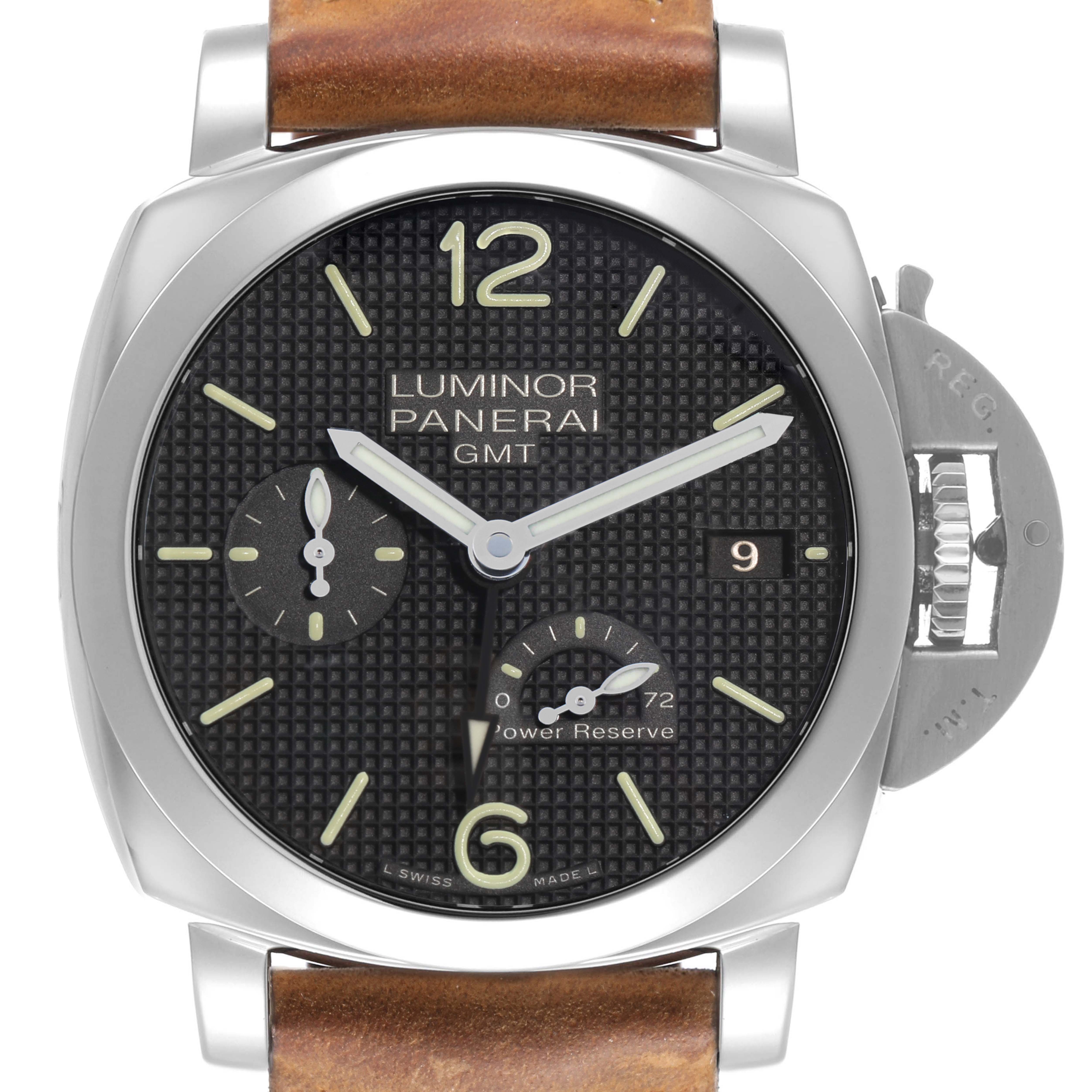 The Panerai Luminor PAM00537 Men's Stainless Steel Black Dial watch is shown from the front, highlighting its dial, case, crown guard, and brown leather strap.