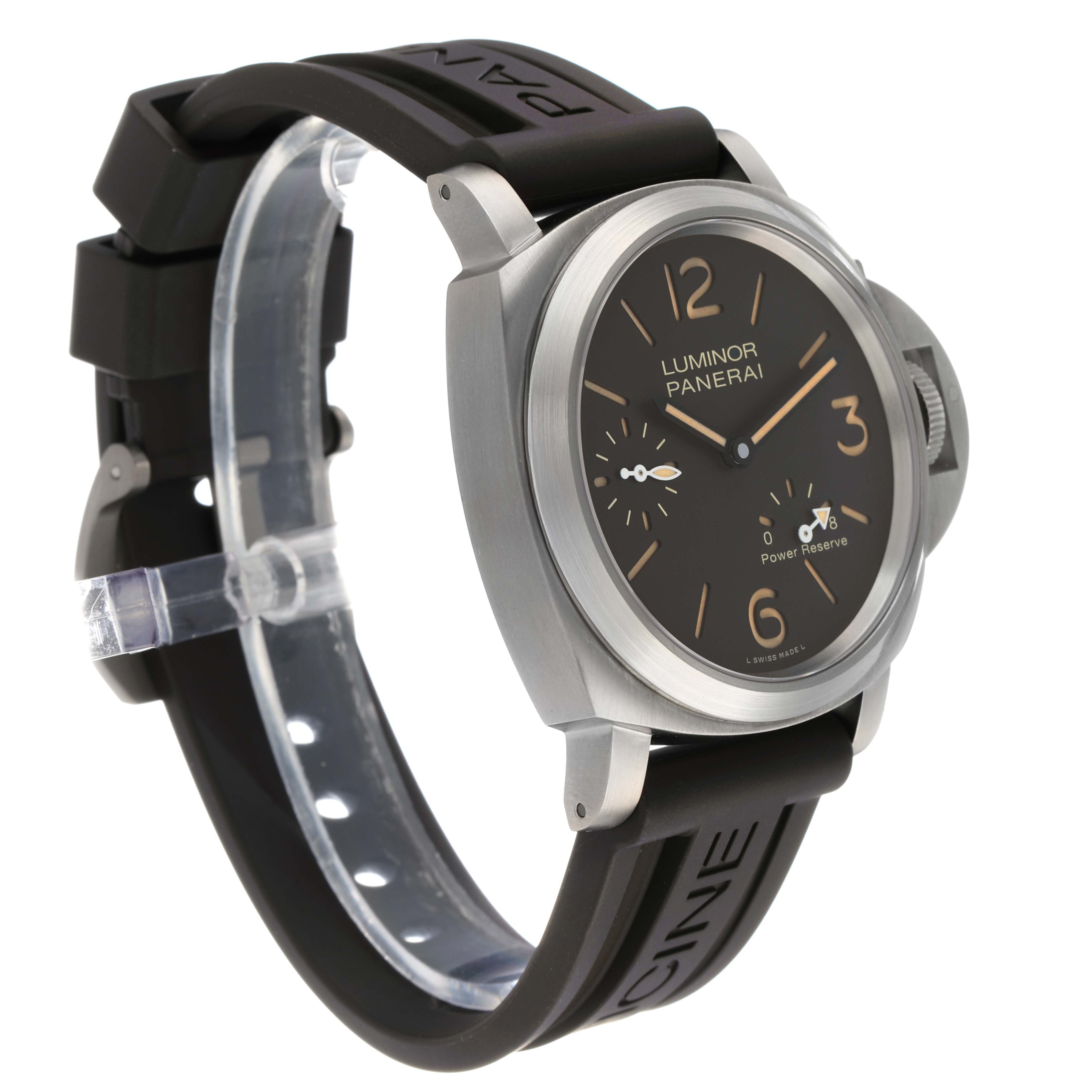 The Panerai Luminor PAM00797 Men's Titanium Brown Dial watch is shown at a three-quarter angle, highlighting the dial, crown guard, and rubber strap.