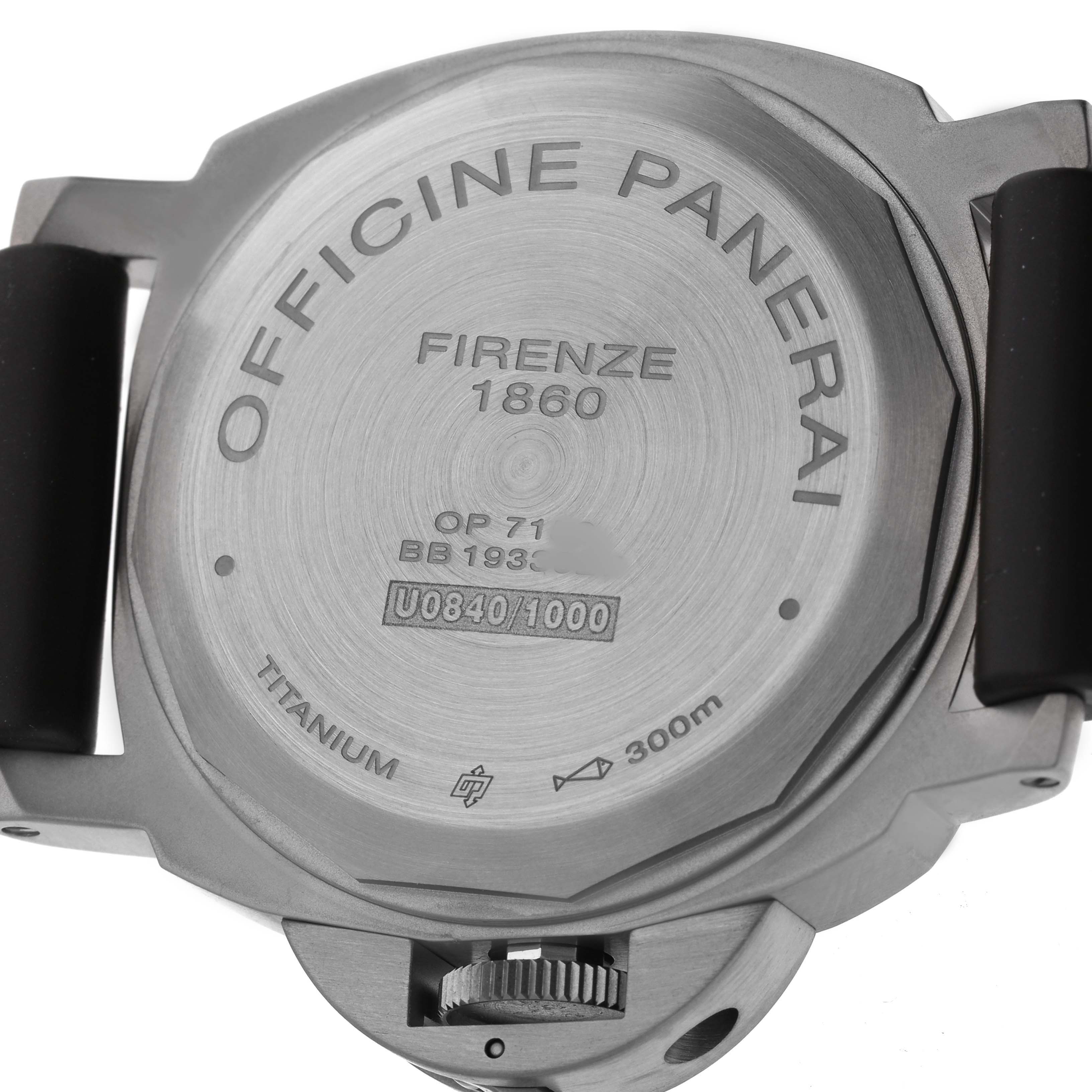 The image shows the back case of a Panerai Luminor PAM00797 Men's Titanium Brown Dial, highlighting branding and model details.