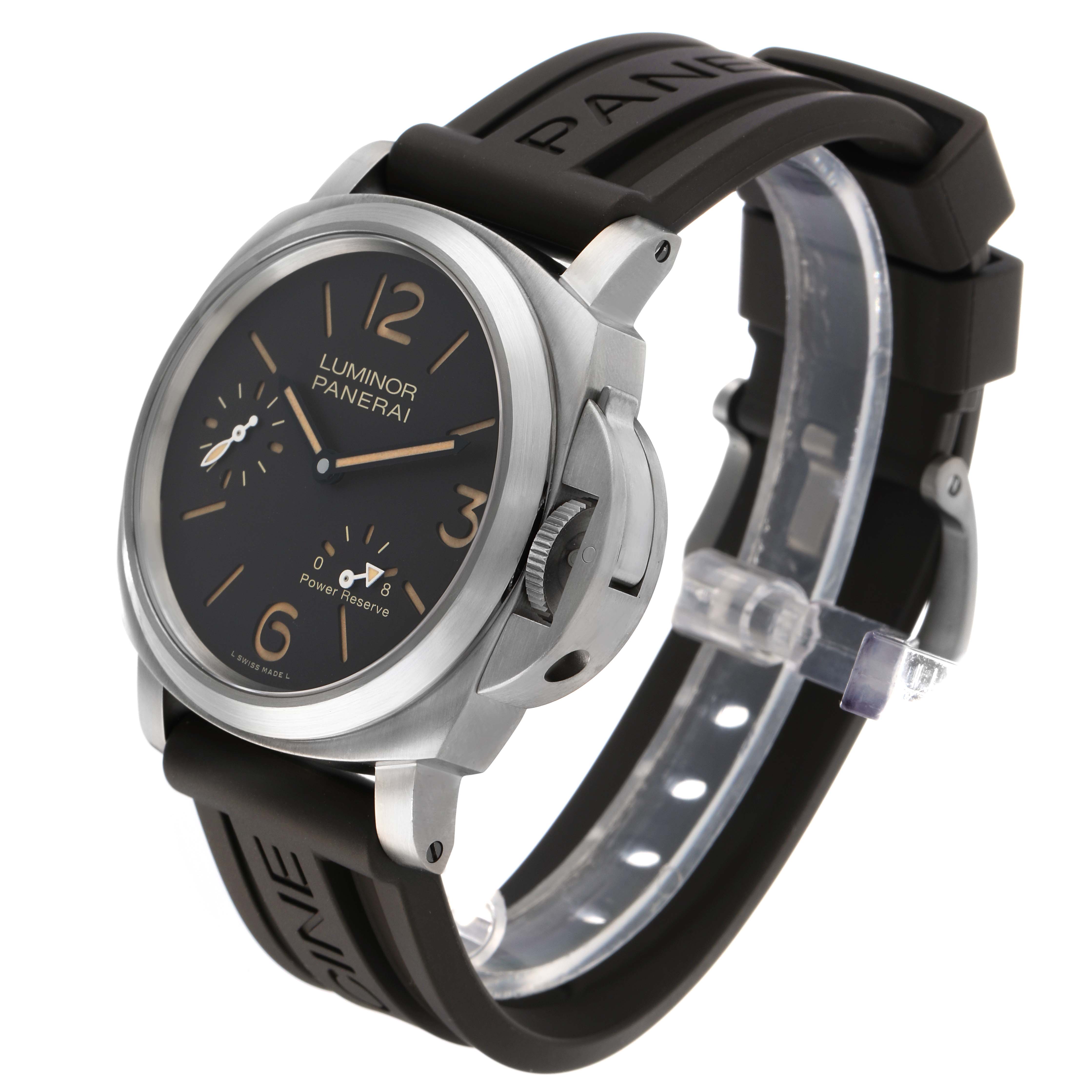 The Panerai Luminor PAM00797 Men's Titanium Brown Dial watch is shown at a slight angle, highlighting the dial, crown guard, and rubber strap.