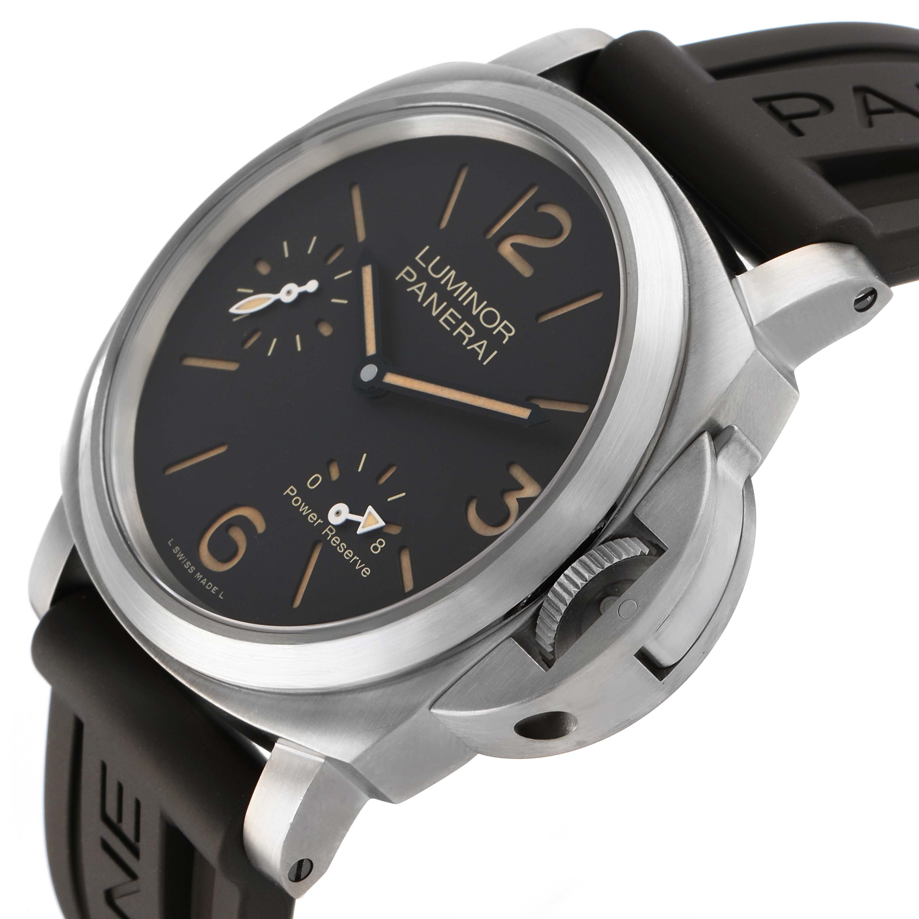 The Panerai Luminor PAM00797 Men's Titanium Brown Dial watch is shown at a slight angle, highlighting the face, crown guard, and strap attachment.