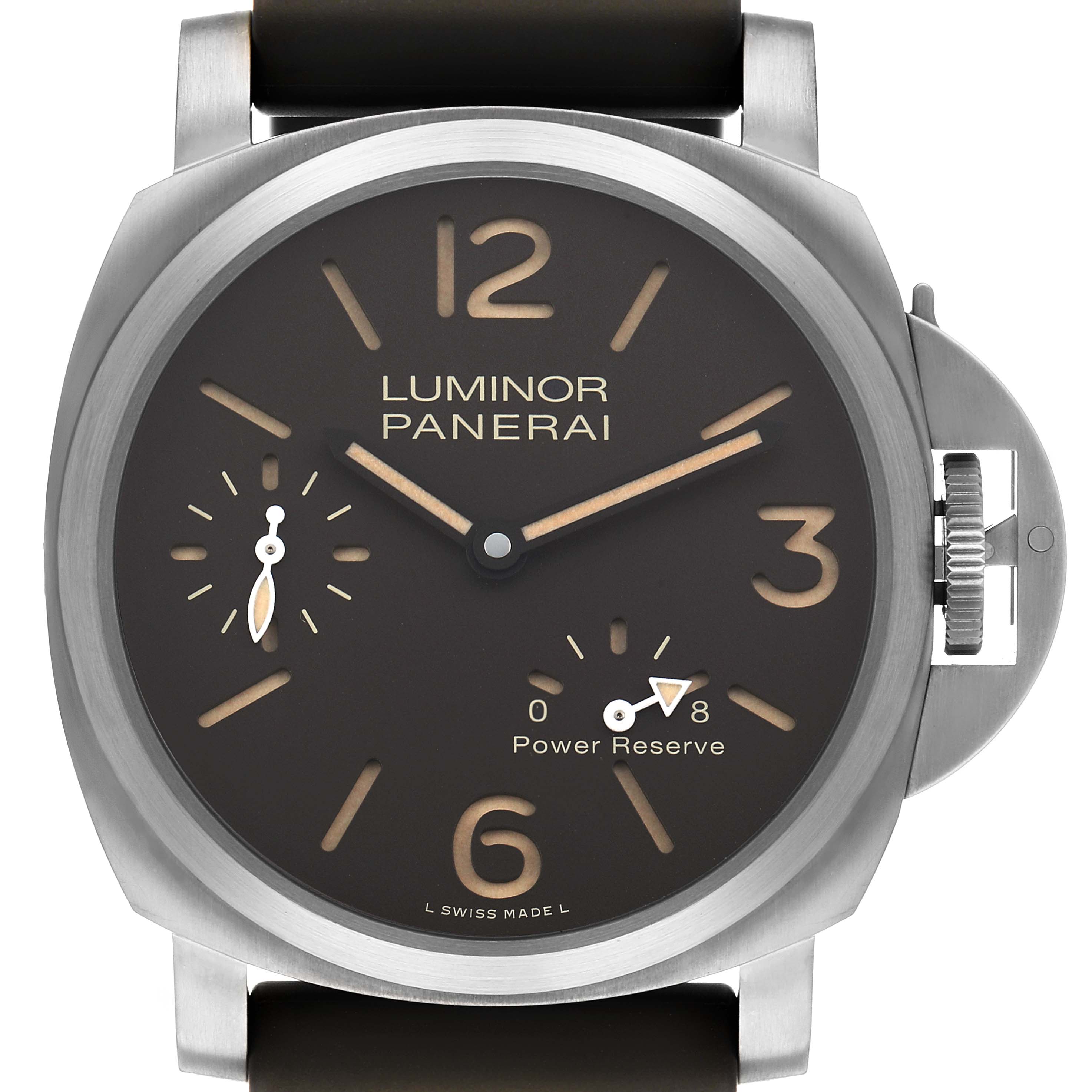 This image shows a front view of a Panerai Luminor PAM00797 Men's Titanium Brown Dial watch, highlighting the dial, hands, crown guard, and power reserve indicator.