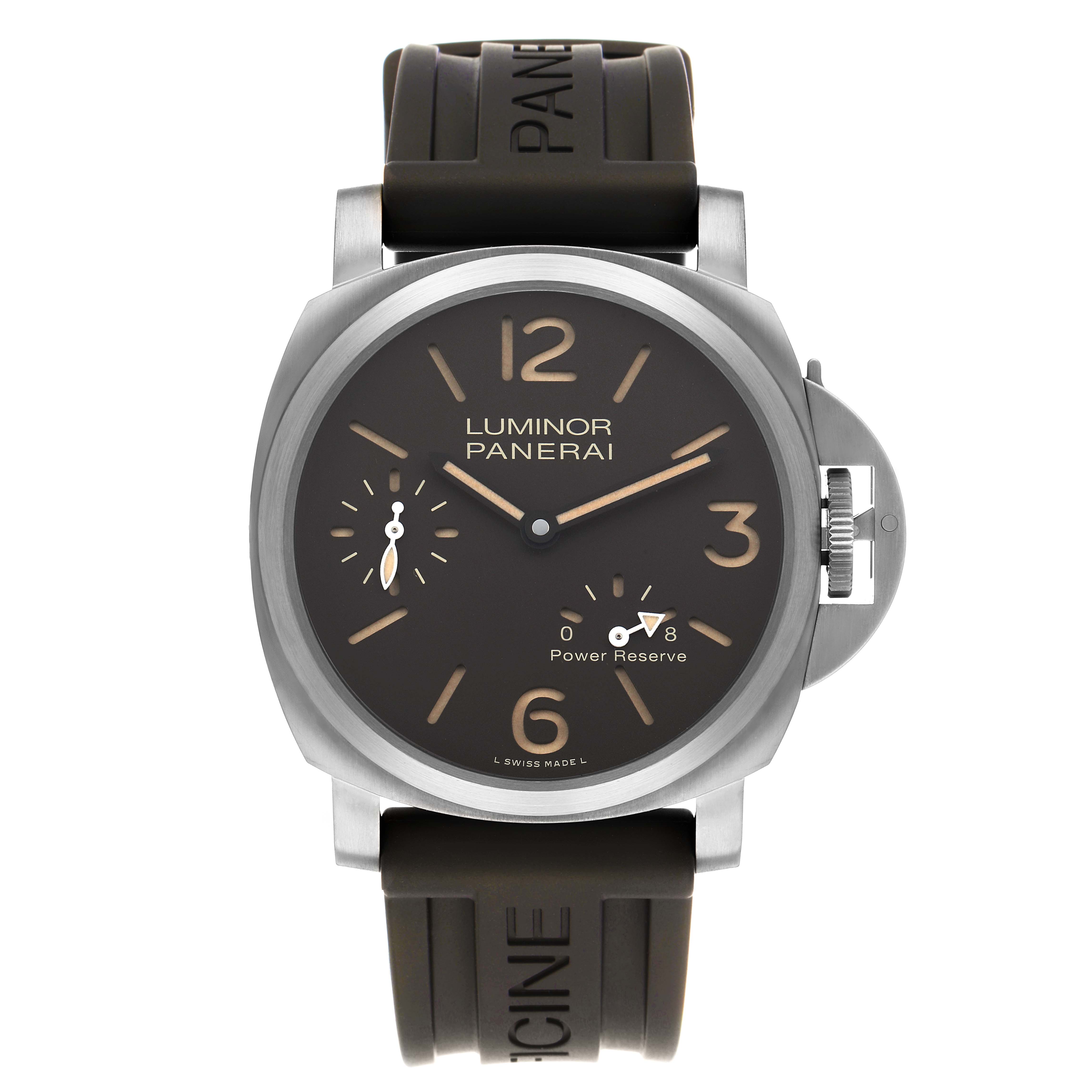 The Panerai Luminor PAM00797 Men's Titanium Brown Dial watch is shown from a front angle, highlighting the dial, hands, and crown guard.