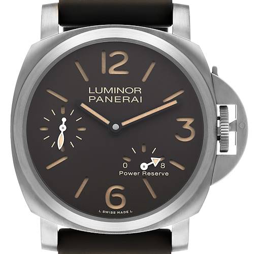 The Panerai Luminor PAM00797 Men's Titanium Brown Dial watch is shown from the front, displaying the dial, hands, crown guard, and power reserve indicator.