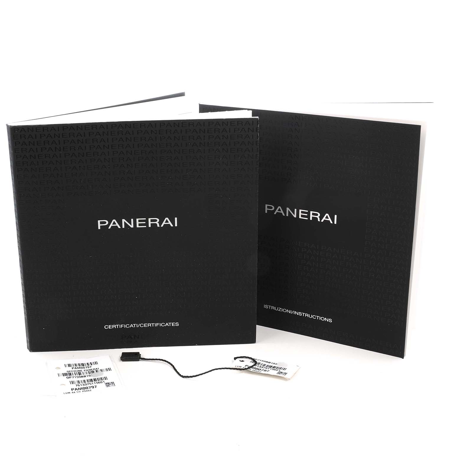 The image shows manuals and tags for a Panerai Luminor PAM00797 Men's Titanium Brown Dial watch, with instruction and certificate booklets.