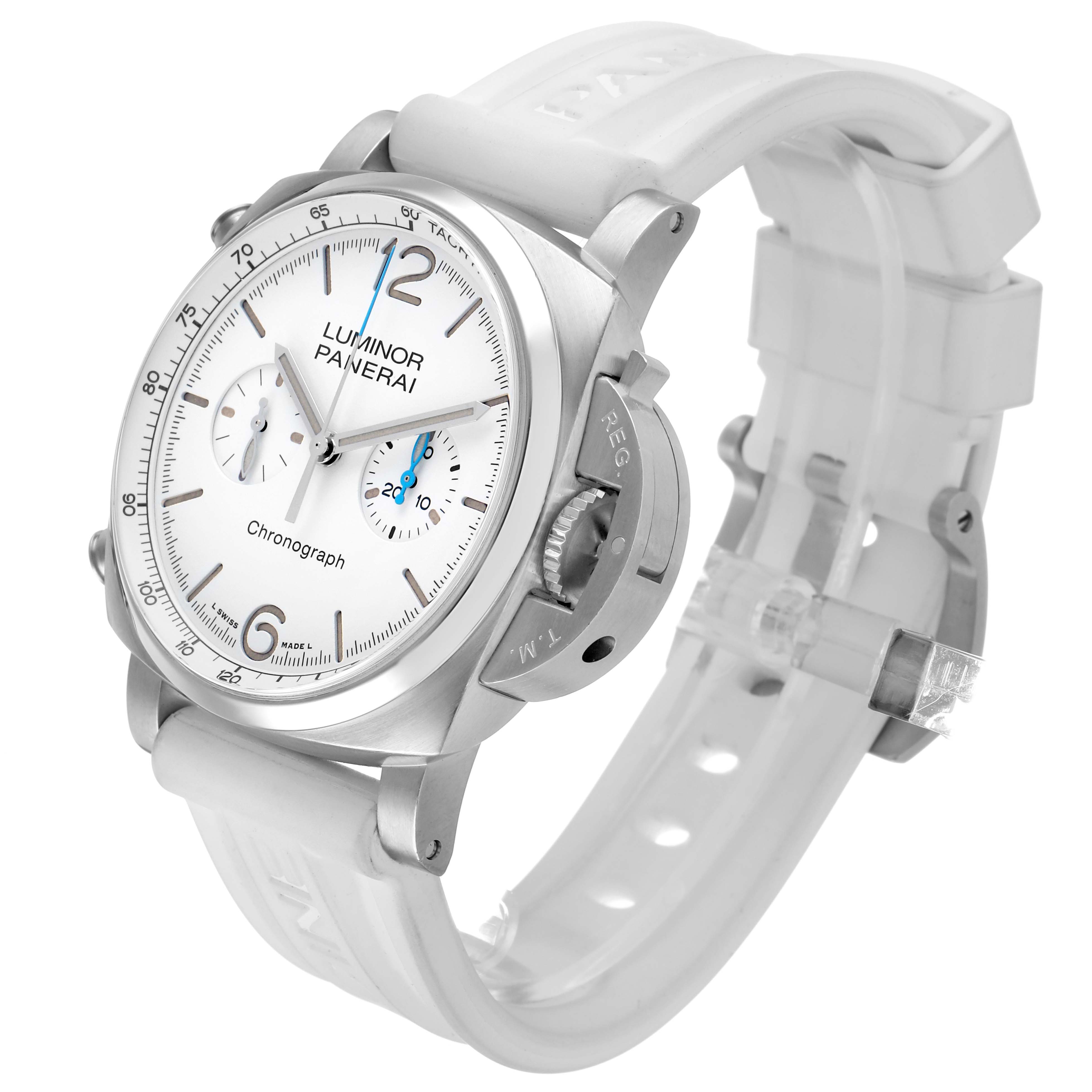 The Panerai Luminor PAM01218 Men's Stainless Steel White Dial watch is shown at a three-quarter angle, highlighting the face, bezel, crown guard, and white strap.