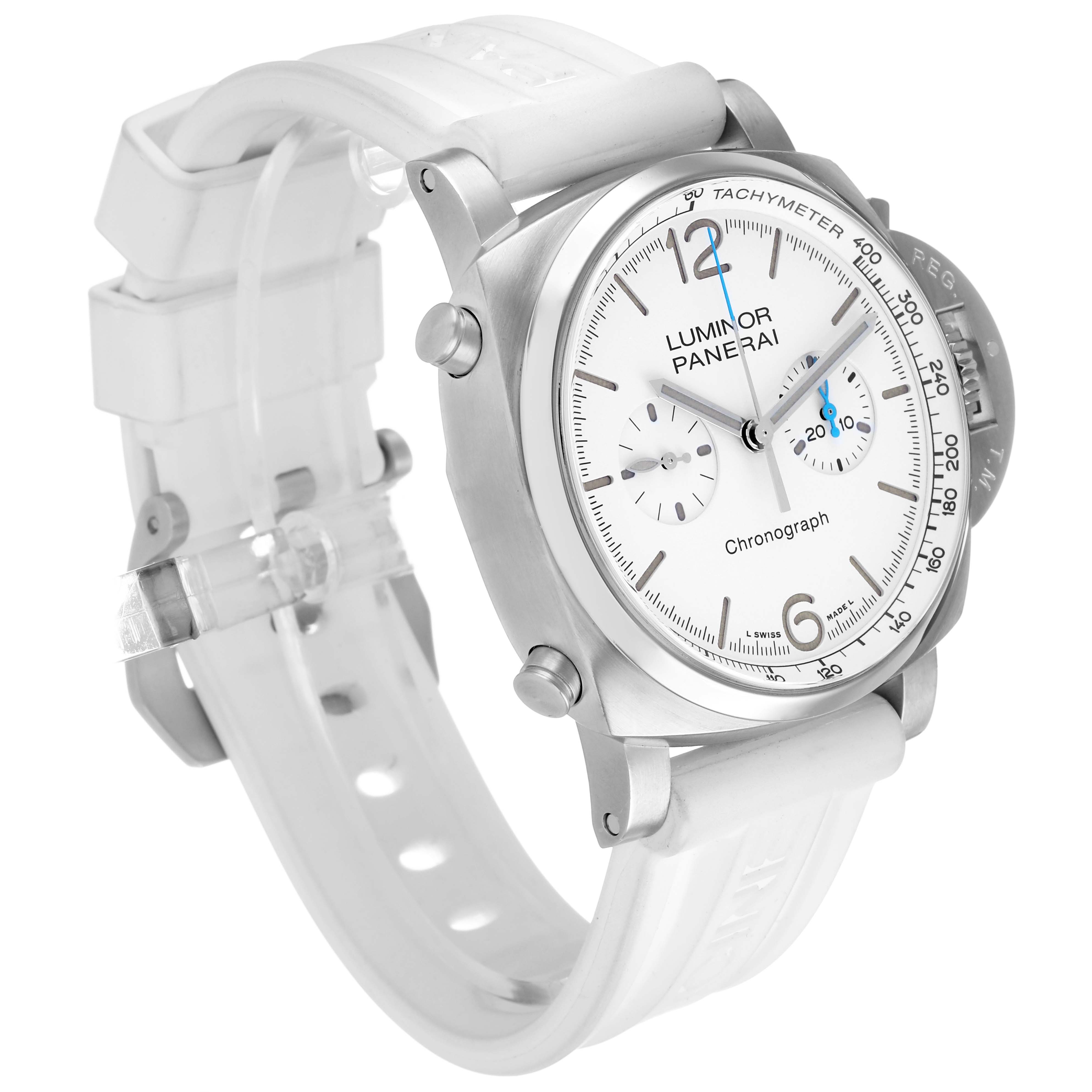 The Panerai Luminor PAM01218 Men's Stainless Steel White Dial watch is shown at a slight angle, highlighting the dial, crown, and part of the strap.