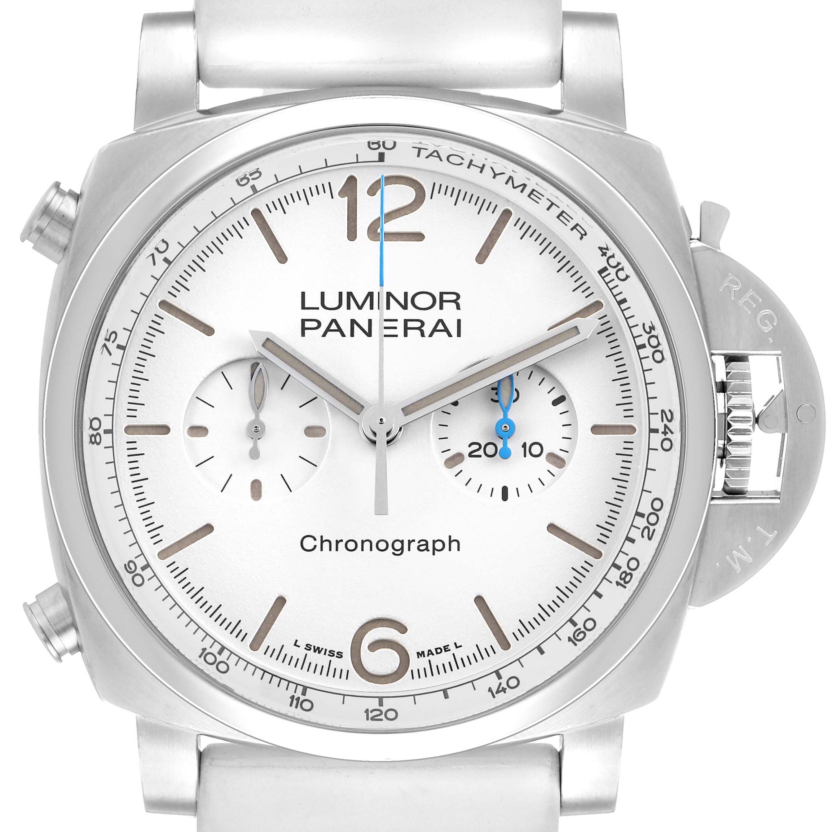 The Panerai Luminor PAM01218 Men's Stainless Steel White Dial watch is shown from the front, highlighting the dial, tachymeter, subdials, and crown guard.