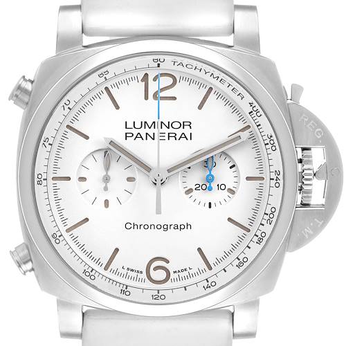 The image shows a front view of a Panerai Luminor PAM01218 Men's Stainless Steel White Dial watch, highlighting its chronograph features, tachymeter, and crown guard.