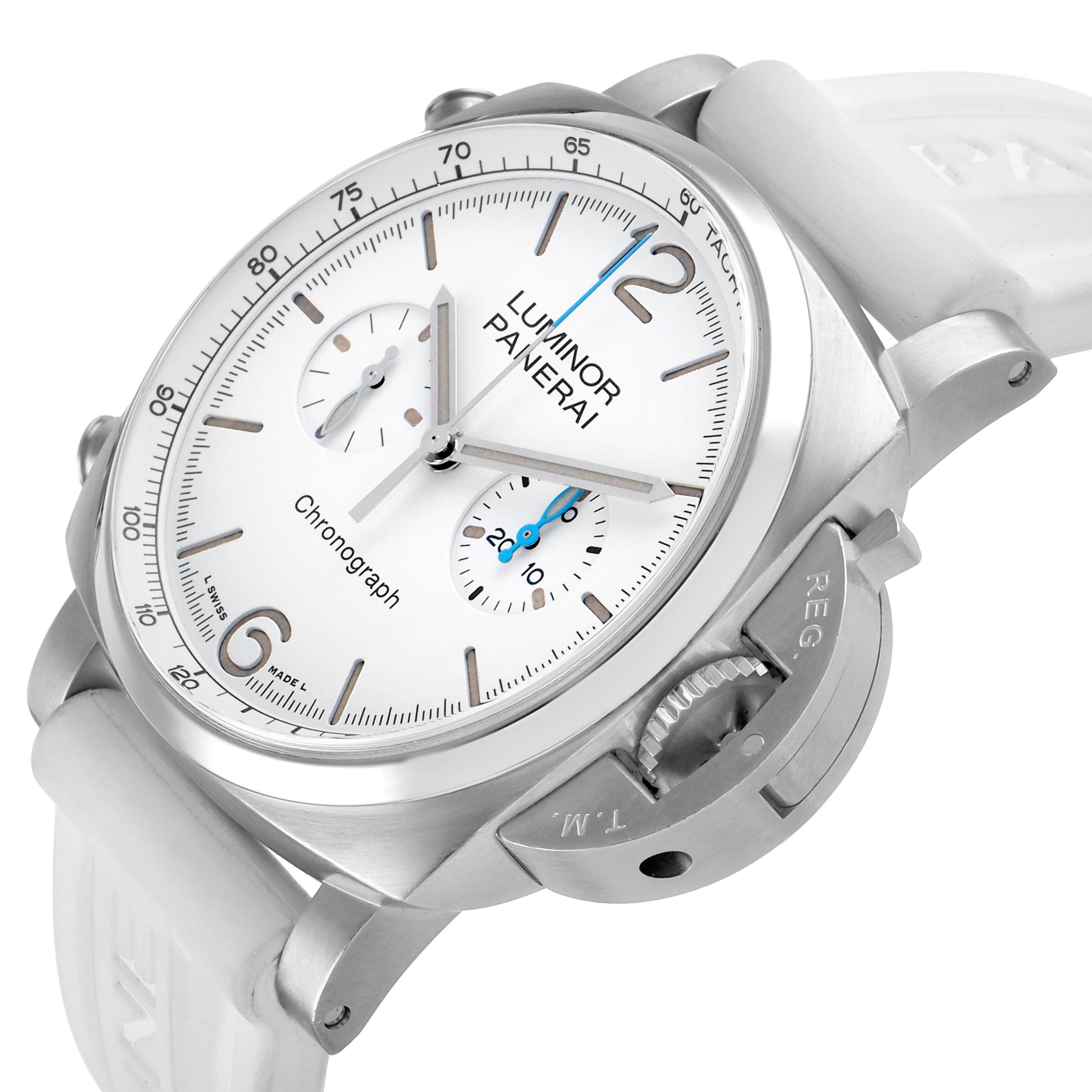 The Panerai Luminor PAM01218 Men's Stainless Steel White Dial watch is shown at an angle highlighting the dial, crown guard, subdials, and white strap.