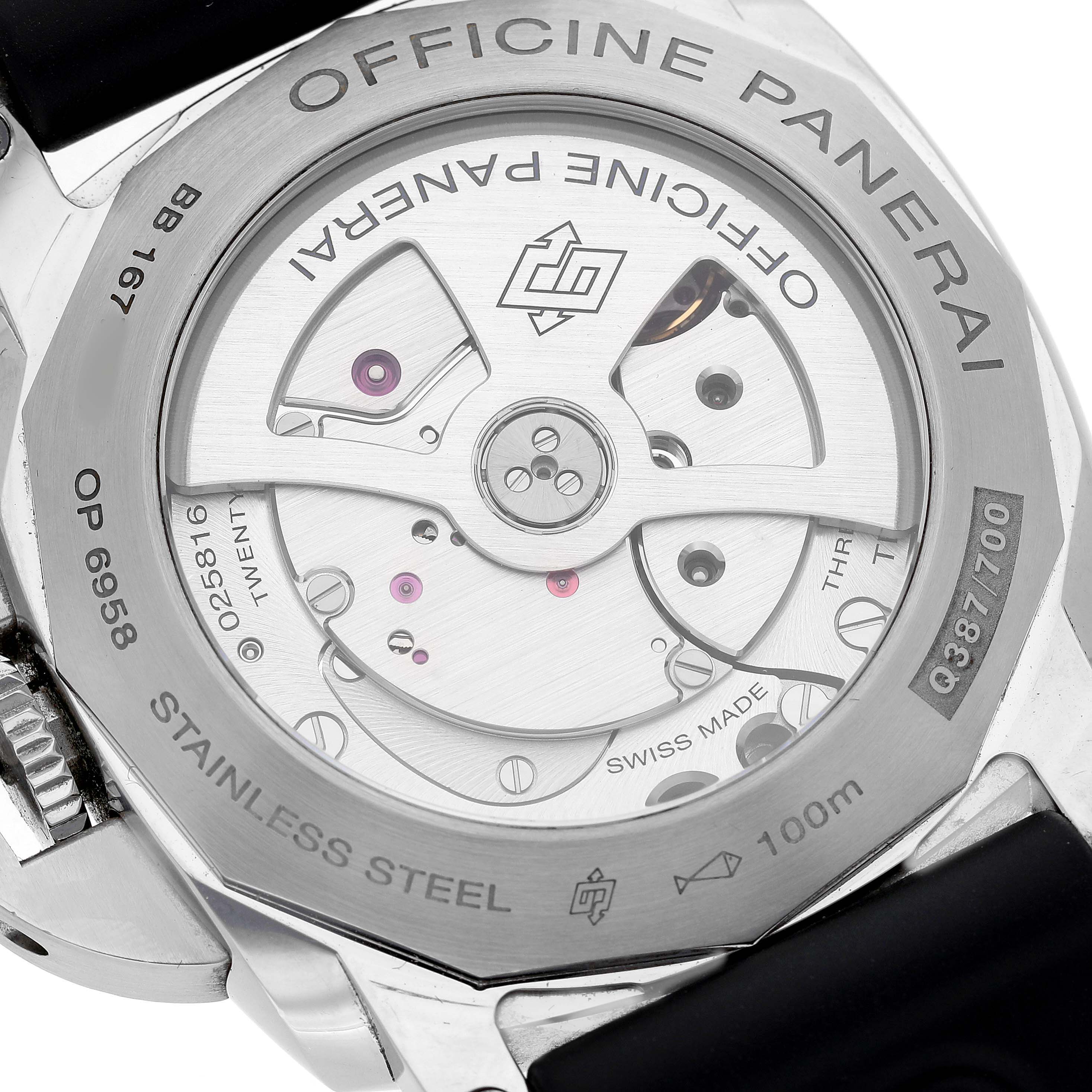 The image shows the back of the Panerai Luminor PAM00533 Men's Stainless Steel Black Dial, revealing its movement and engravings on the stainless steel case.