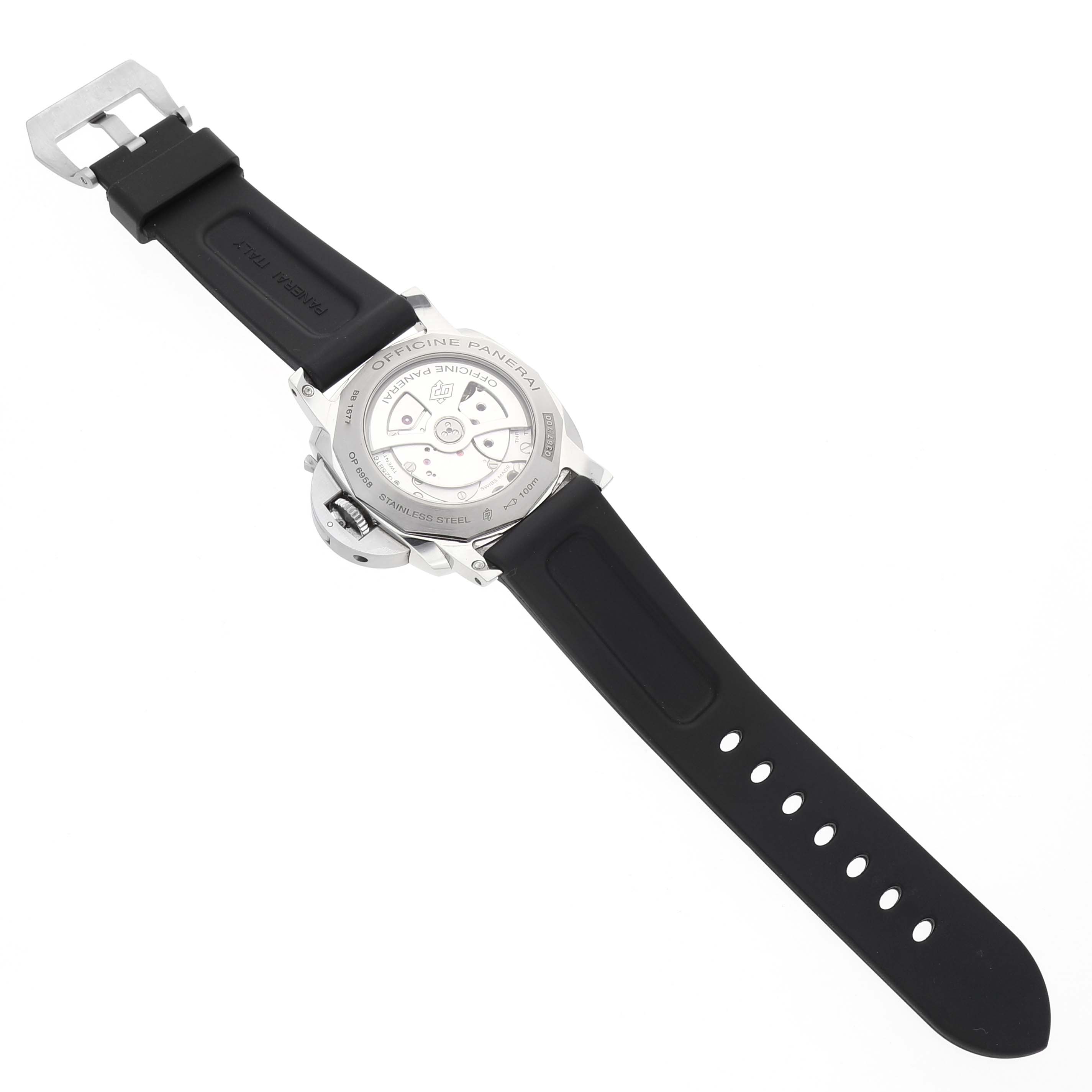 The image shows a Panerai Luminor PAM00533 Men's Stainless Steel Black Dial watch from the back, highlighting the case back, rotor, and black strap with buckle.