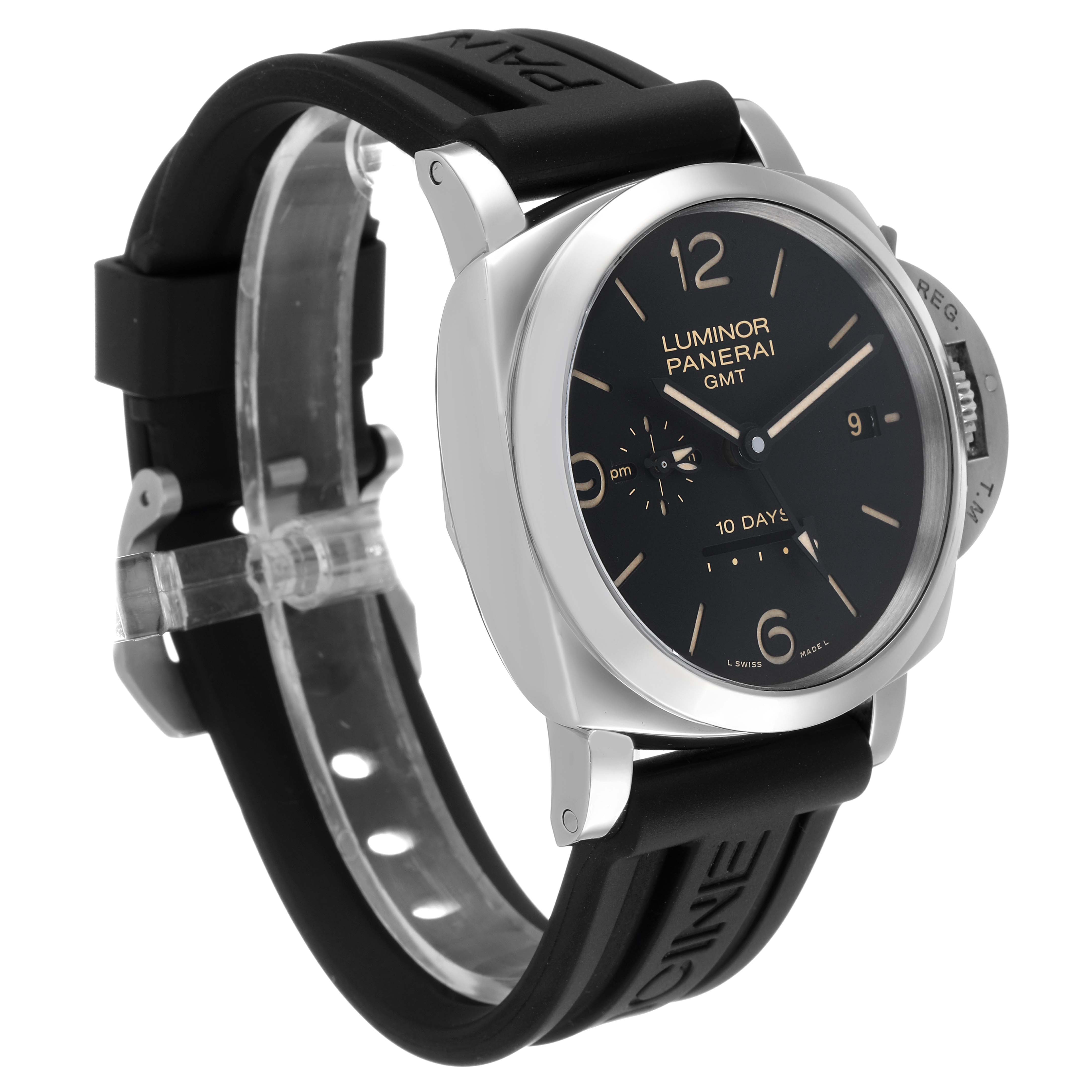 The Panerai Luminor PAM00533 Men's Stainless Steel Black Dial watch is shown at a slight angle, highlighting the crown, dial, and black strap.