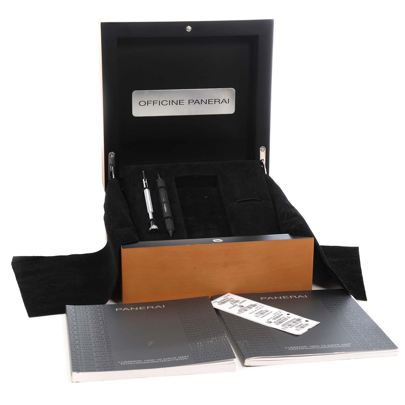 The image shows the Panerai Luminor PAM00533 Men's Stainless Steel Black Dial watch box, tools, and manuals from a front angle.