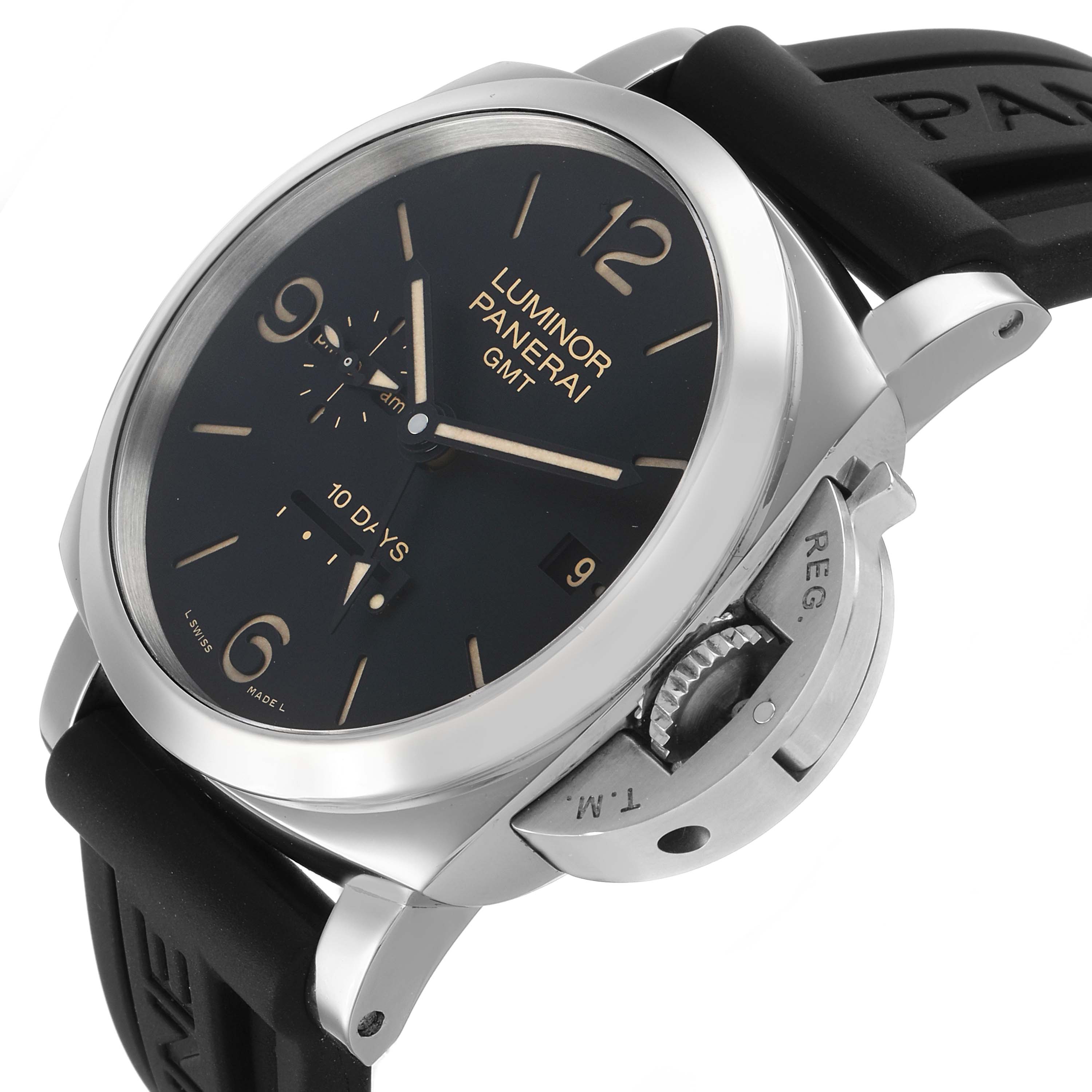 The watch is shown at an angled side view, featuring the Panerai Luminor PAM00533 Men's Stainless Steel Black Dial's crown guard, dial, and part of the rubber strap.