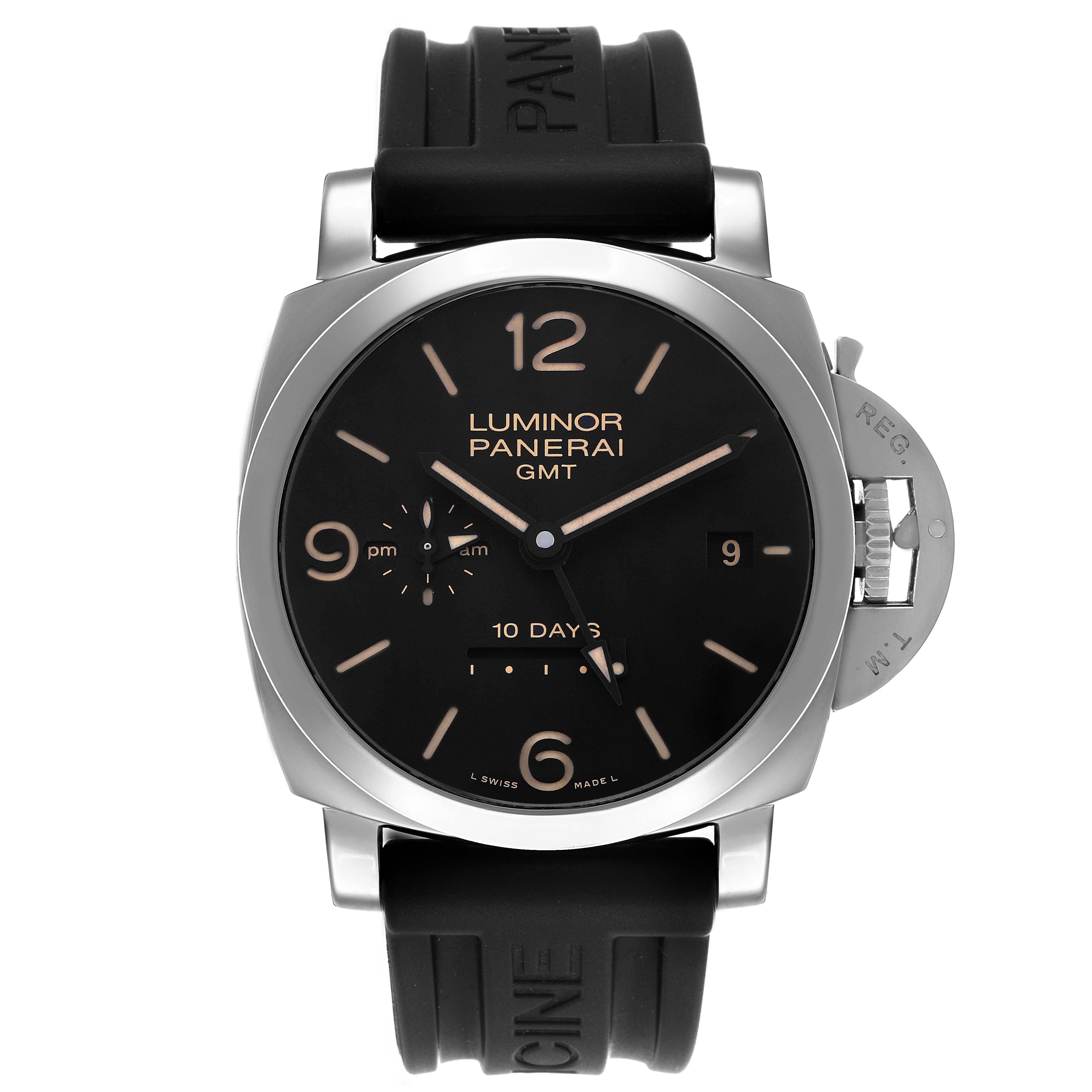 The Panerai Luminor PAM00533 Men's Stainless Steel Black Dial watch is shown from the front, displaying the dial, crown guard, and rubber strap.
