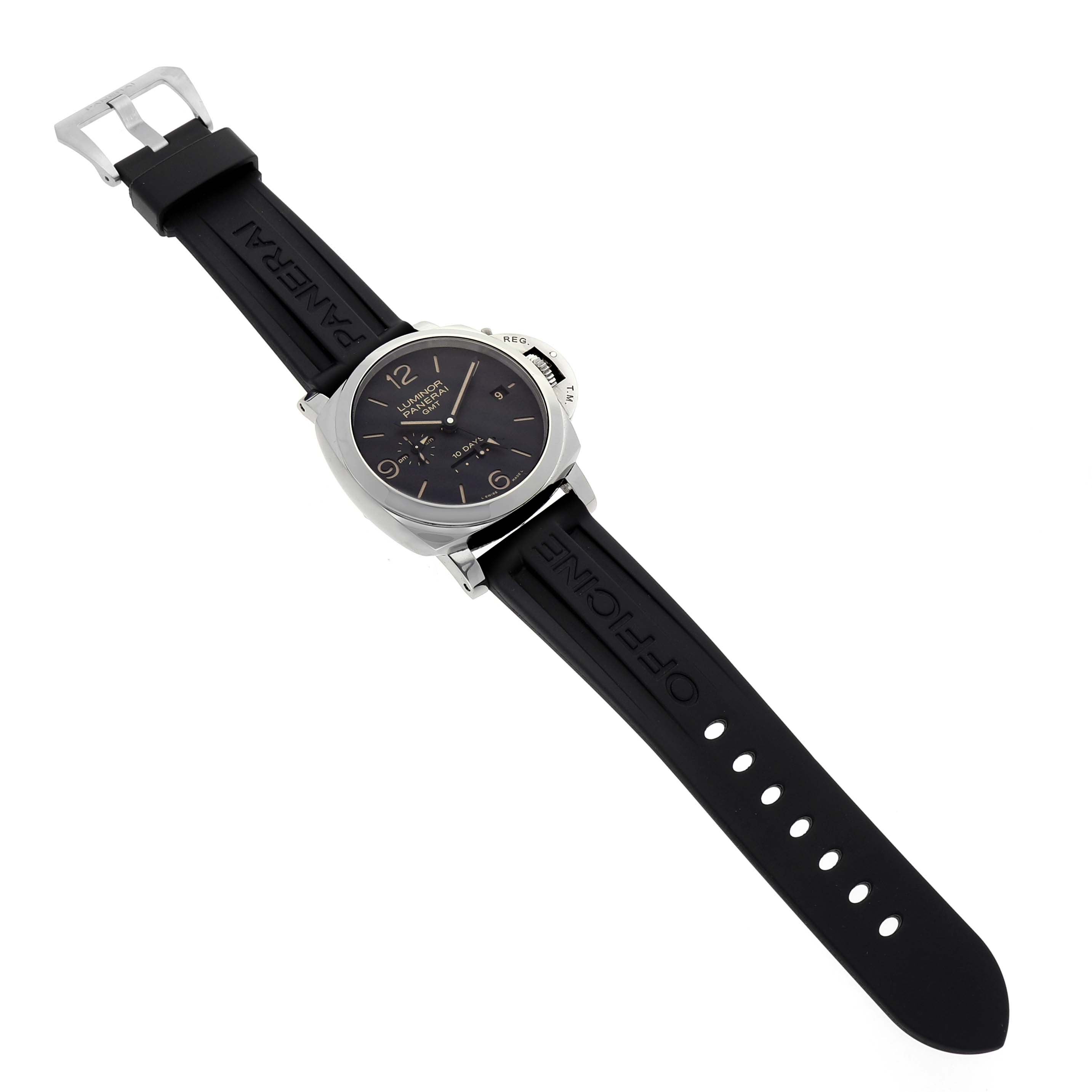 The Panerai Luminor PAM00533 Men's Stainless Steel Black Dial watch is angled diagonally, showing the face, black strap, and buckle.