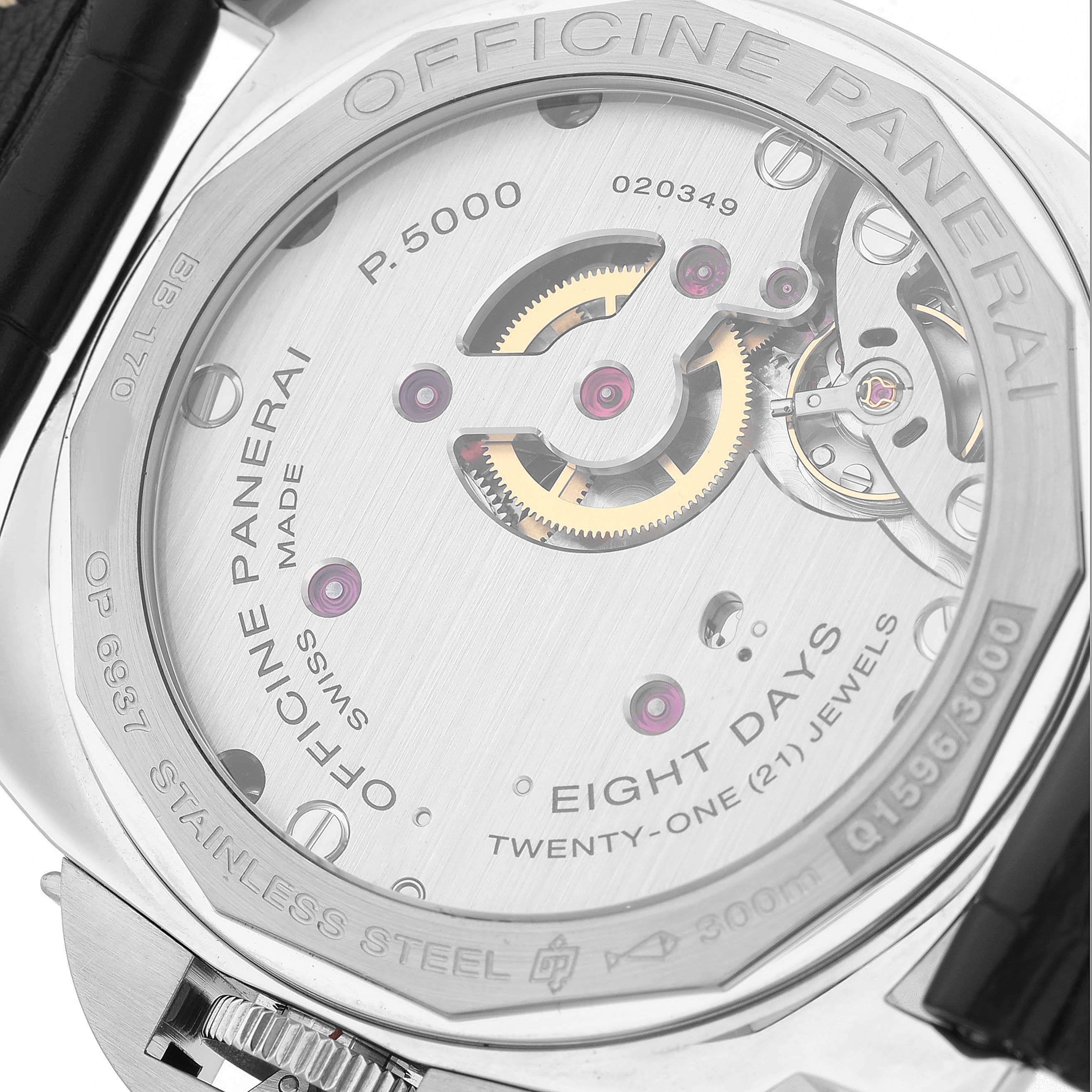 The image shows the back of a Panerai Luminor PAM00510 Men's Stainless Steel Black Dial watch, highlighting the P.5000 movement and inner mechanics.