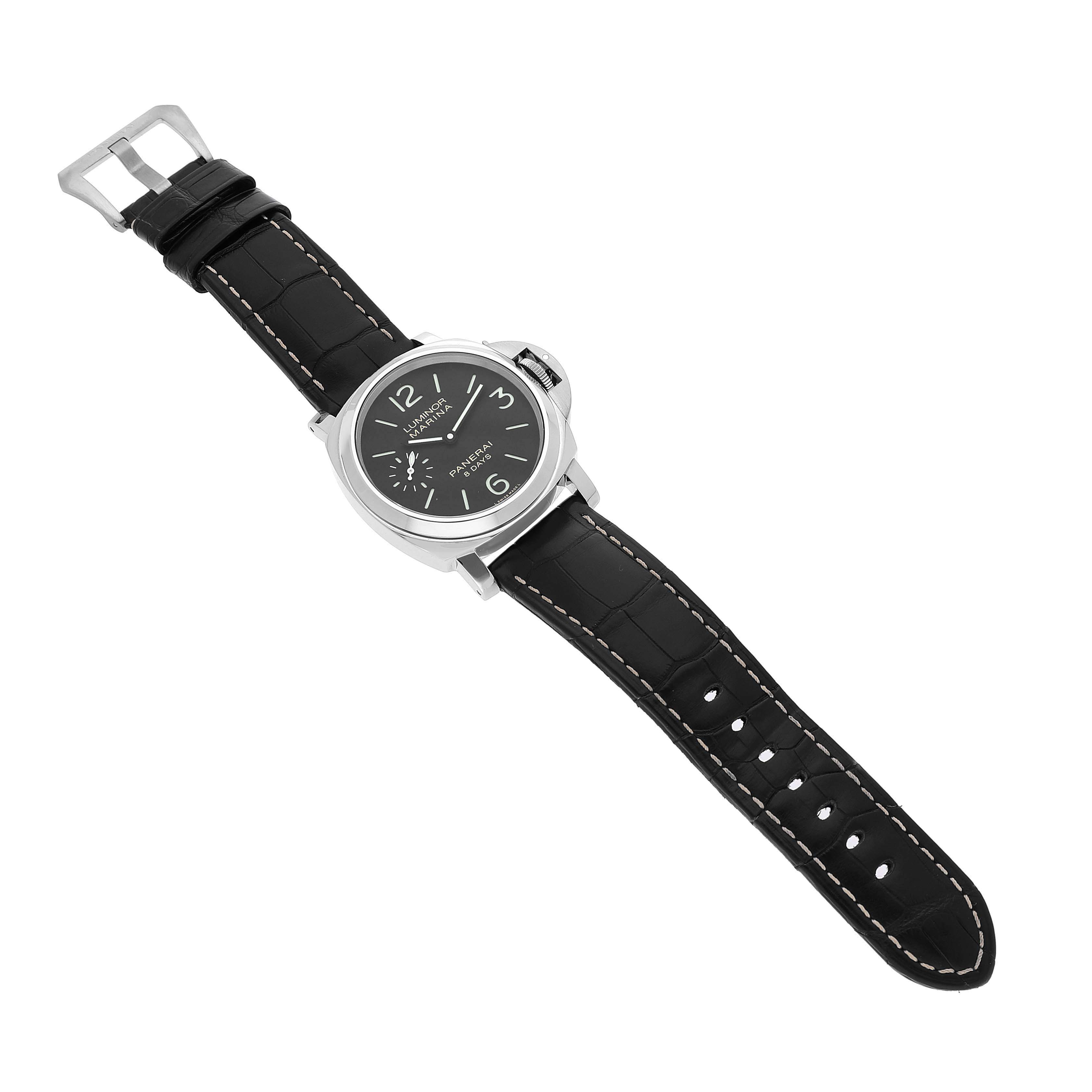 The Panerai Luminor PAM00510 Men's Stainless Steel Black Dial watch is shown from a top-down angle, displaying the face, bezel, and black leather strap.