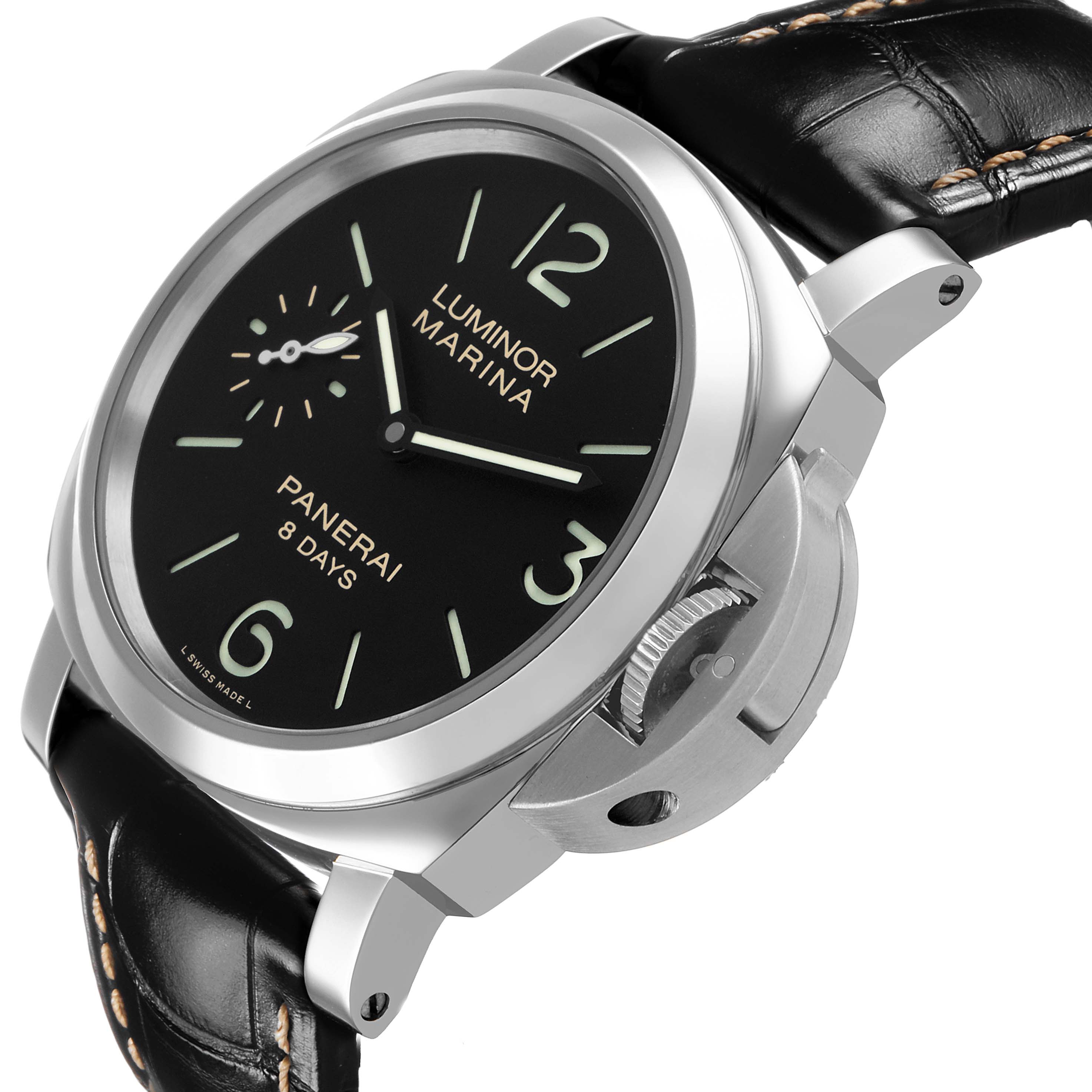 The image shows a Panerai Luminor PAM00510 Men's Stainless Steel Black Dial watch at a slight angle, highlighting its dial, crown guard, and leather strap.