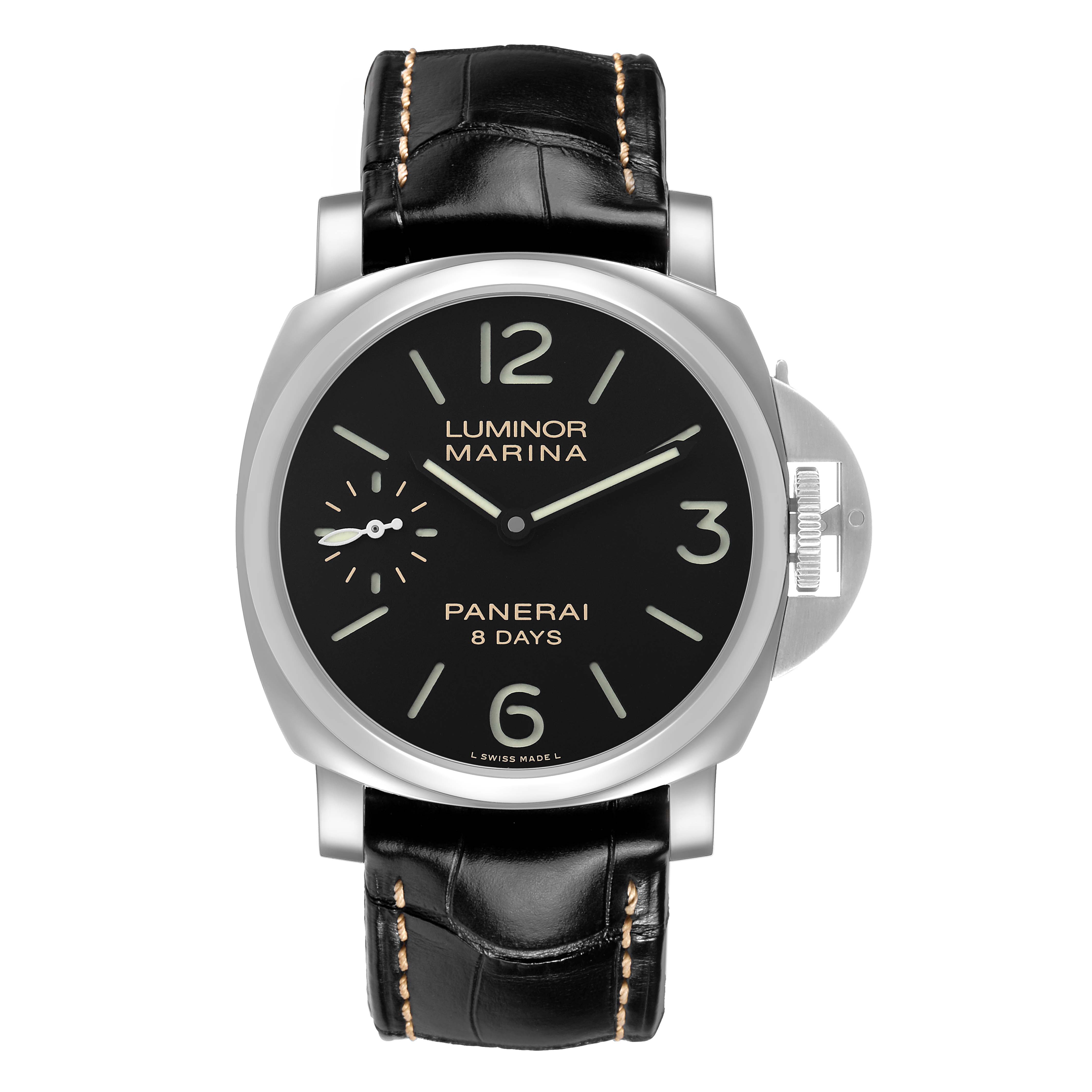 The Panerai Luminor PAM00510 Men's Stainless Steel Black Dial watch is shown from the front, displaying its dial, case, and leather strap.