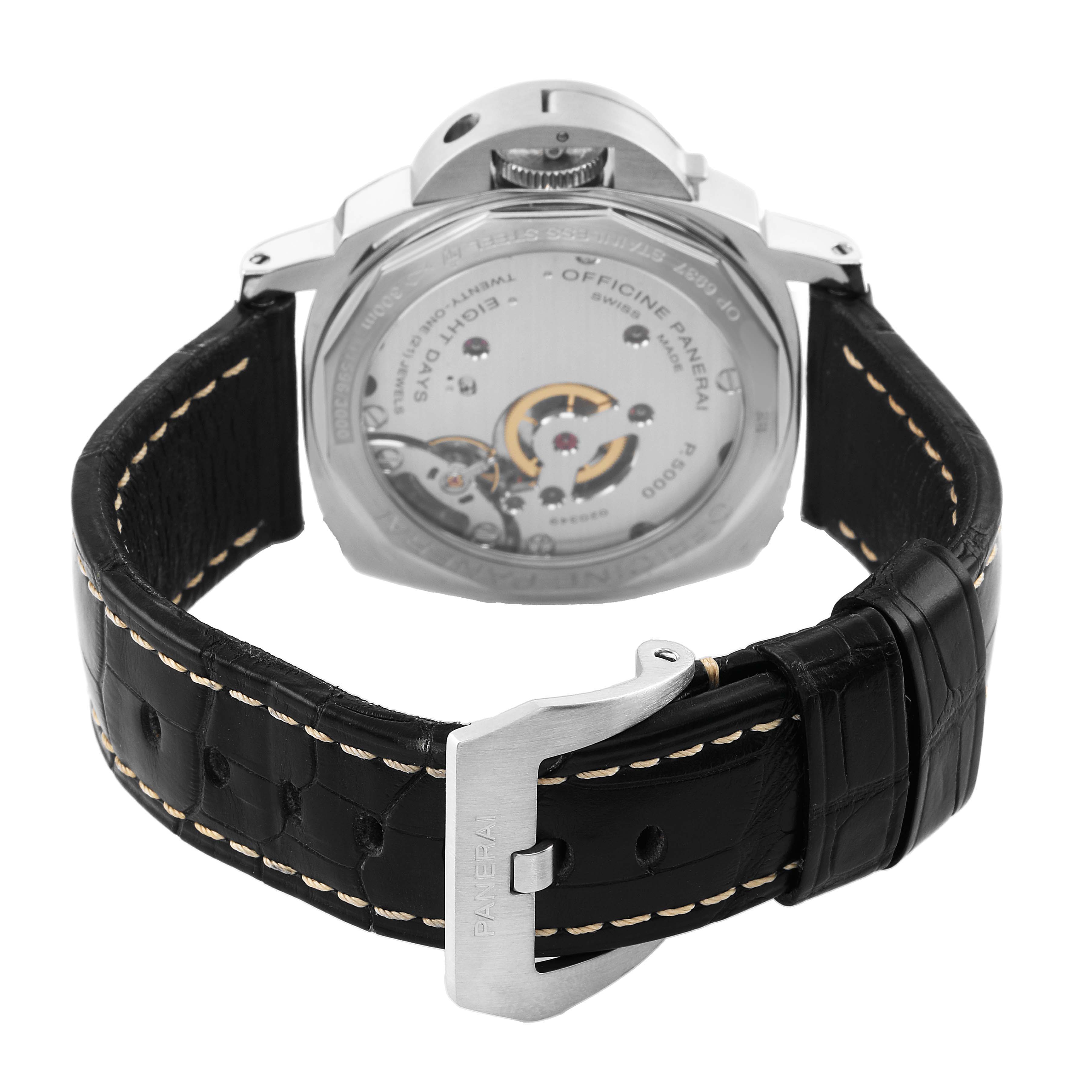 The image shows the back view of a Panerai Luminor PAM00510 Men's Stainless Steel Black Dial watch, highlighting the transparent case back and leather strap.