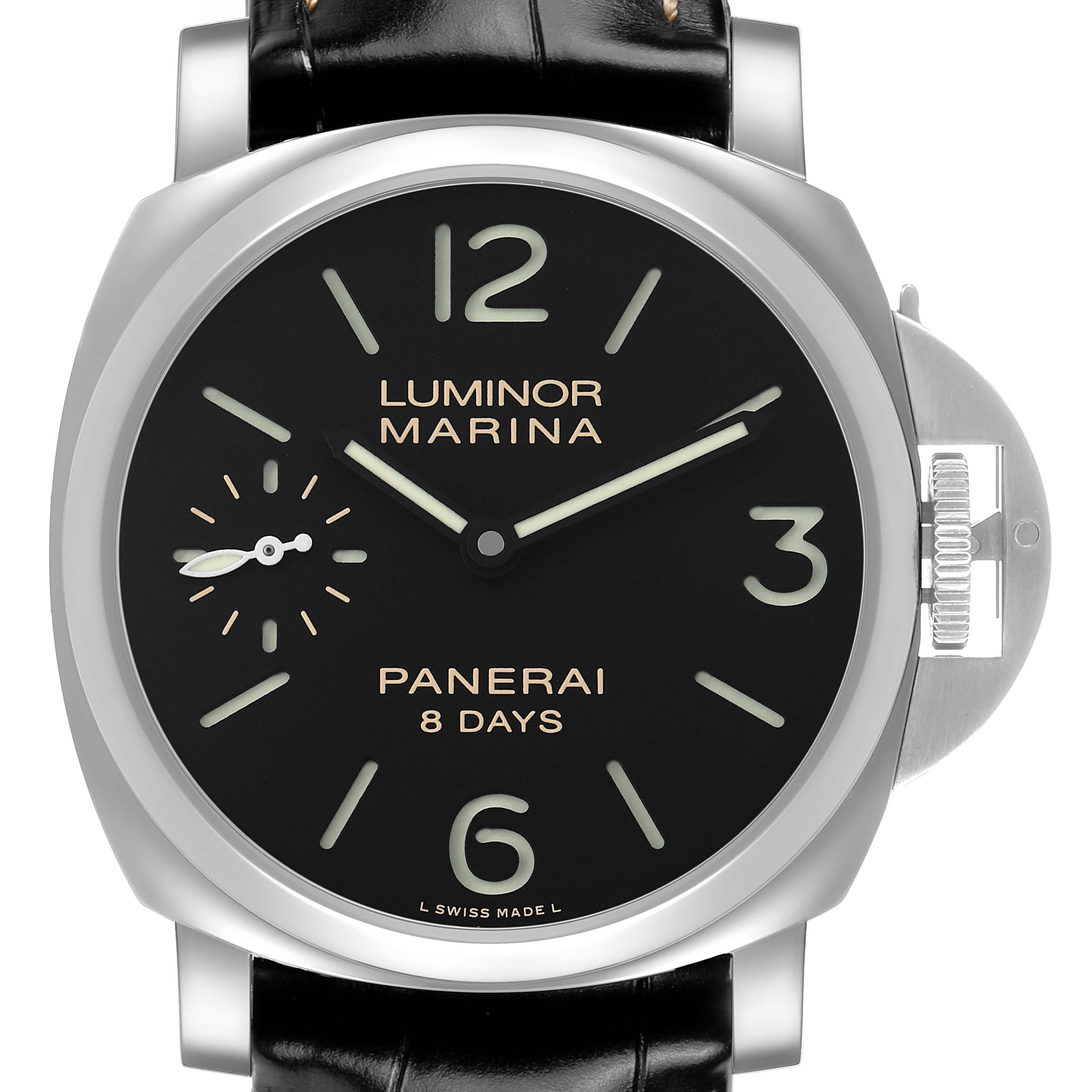 The Panerai Luminor PAM00510 Men's Stainless Steel Black Dial watch is shown from a front angle, featuring its dial, case, crown guard, and black strap.