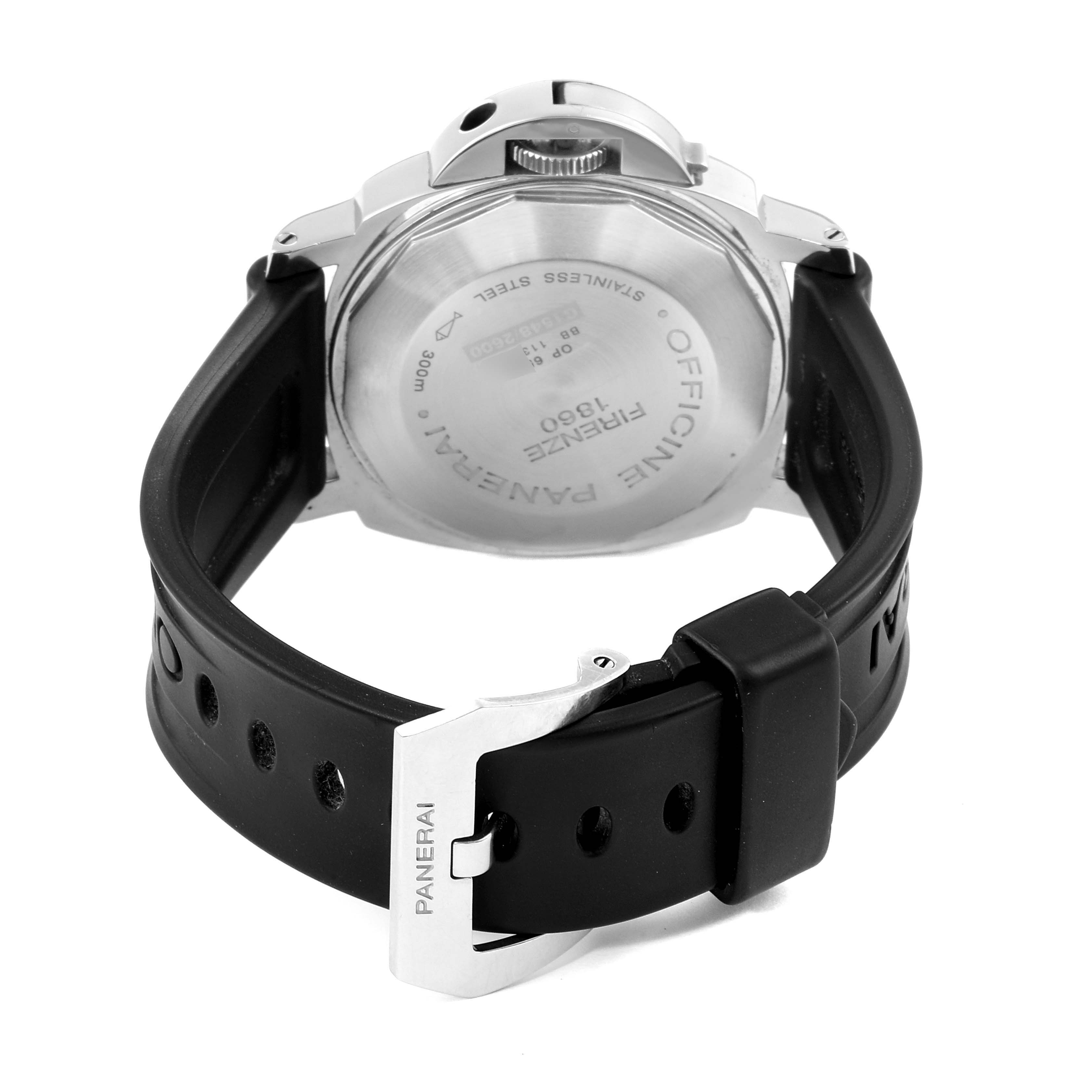 The image shows the rear view of a Panerai Luminor PAM00104 Men
s Stainless Steel Black Dial PAM00104 Men
s Stainless Steel Black Dial watch, displaying its case back and black rubber strap.