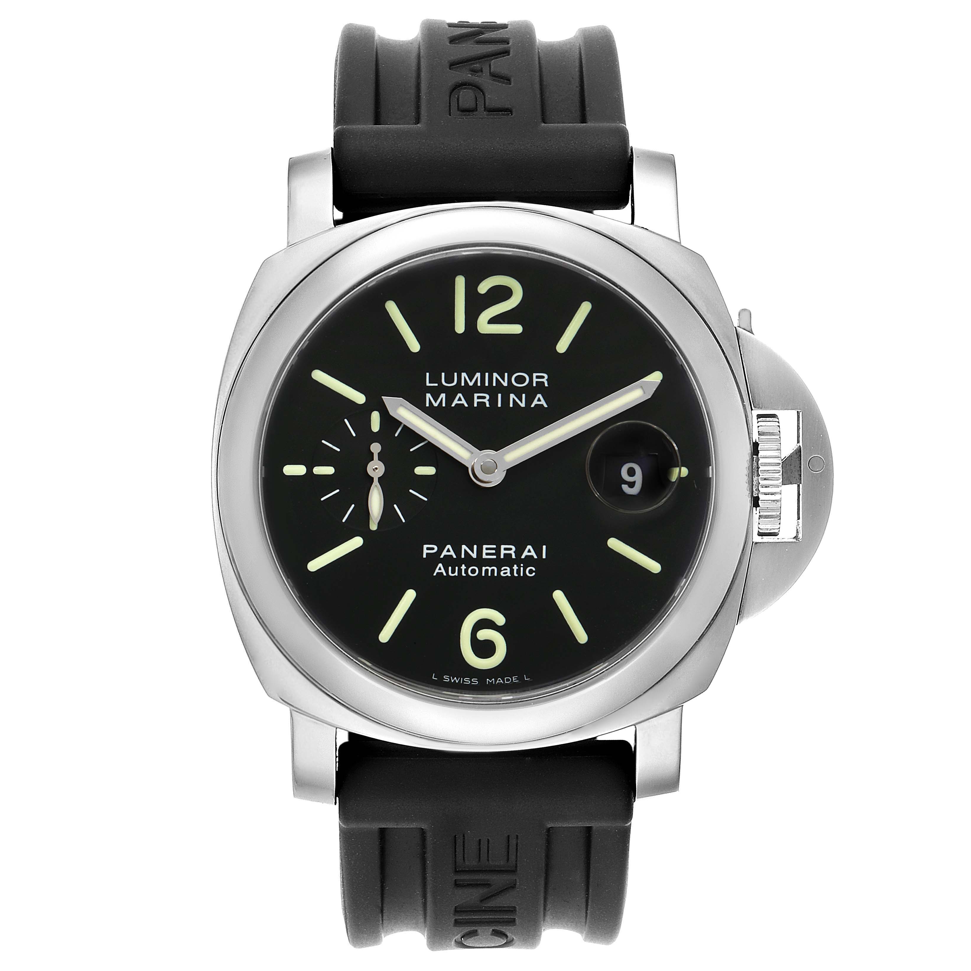 The Panerai Luminor PAM00104 Men
s Stainless Steel Black Dial PAM00104 Men
s Stainless Steel Black Dial watch is shown from the front, displaying its dial, crown guard, luminous markers, and rubber strap.