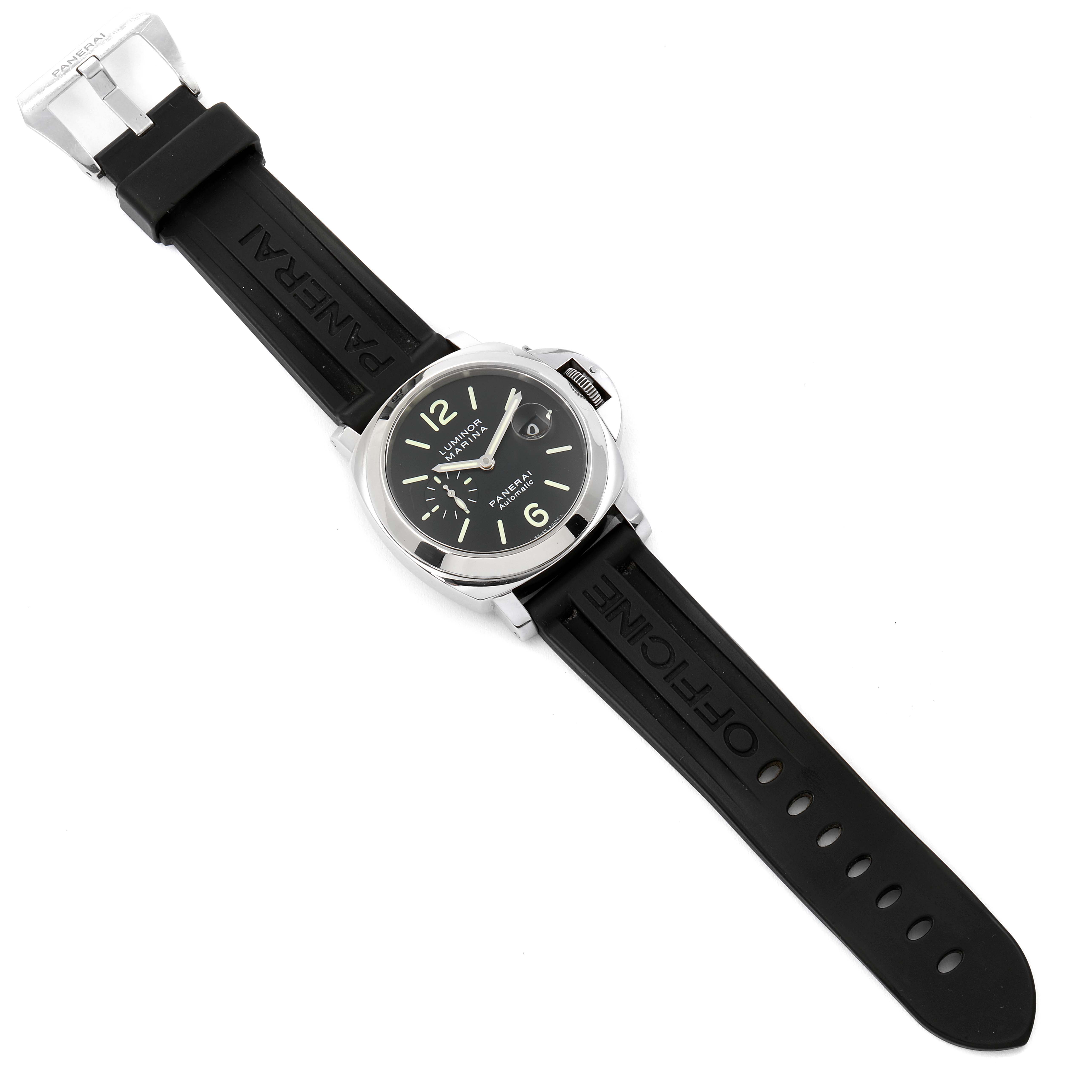 This image shows a top-down view of a Panerai Luminor PAM00104 Men
s Stainless Steel Black Dial PAM00104 Men
s Stainless Steel Black Dial watch with a black rubber strap.