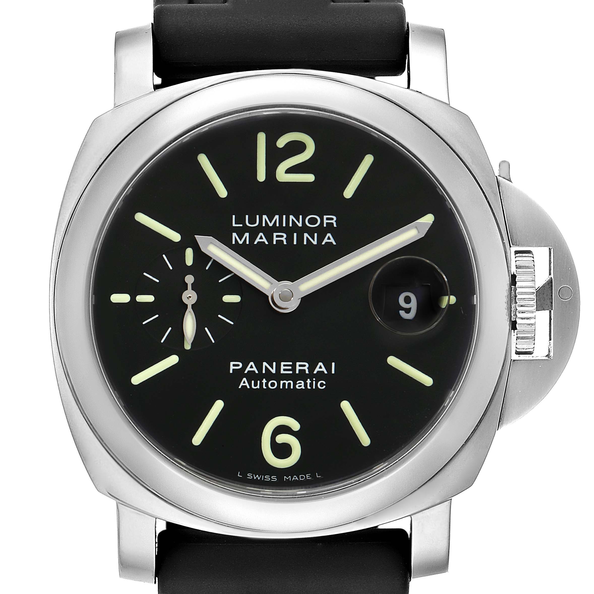 This image shows a Panerai Luminor PAM00104 Men
s Stainless Steel Black Dial PAM00104 Men
s Stainless Steel Black Dial Marina watch from a front angle, displaying its face, dial, and crown guard.