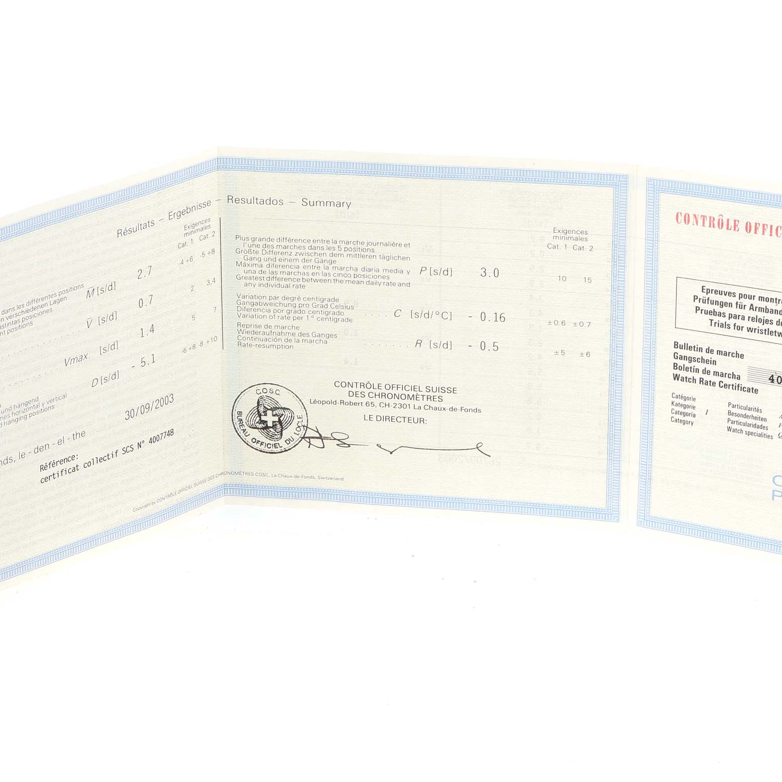This image shows the certification documents for a Luminor model by Panerai, detailing its official chronometer status.