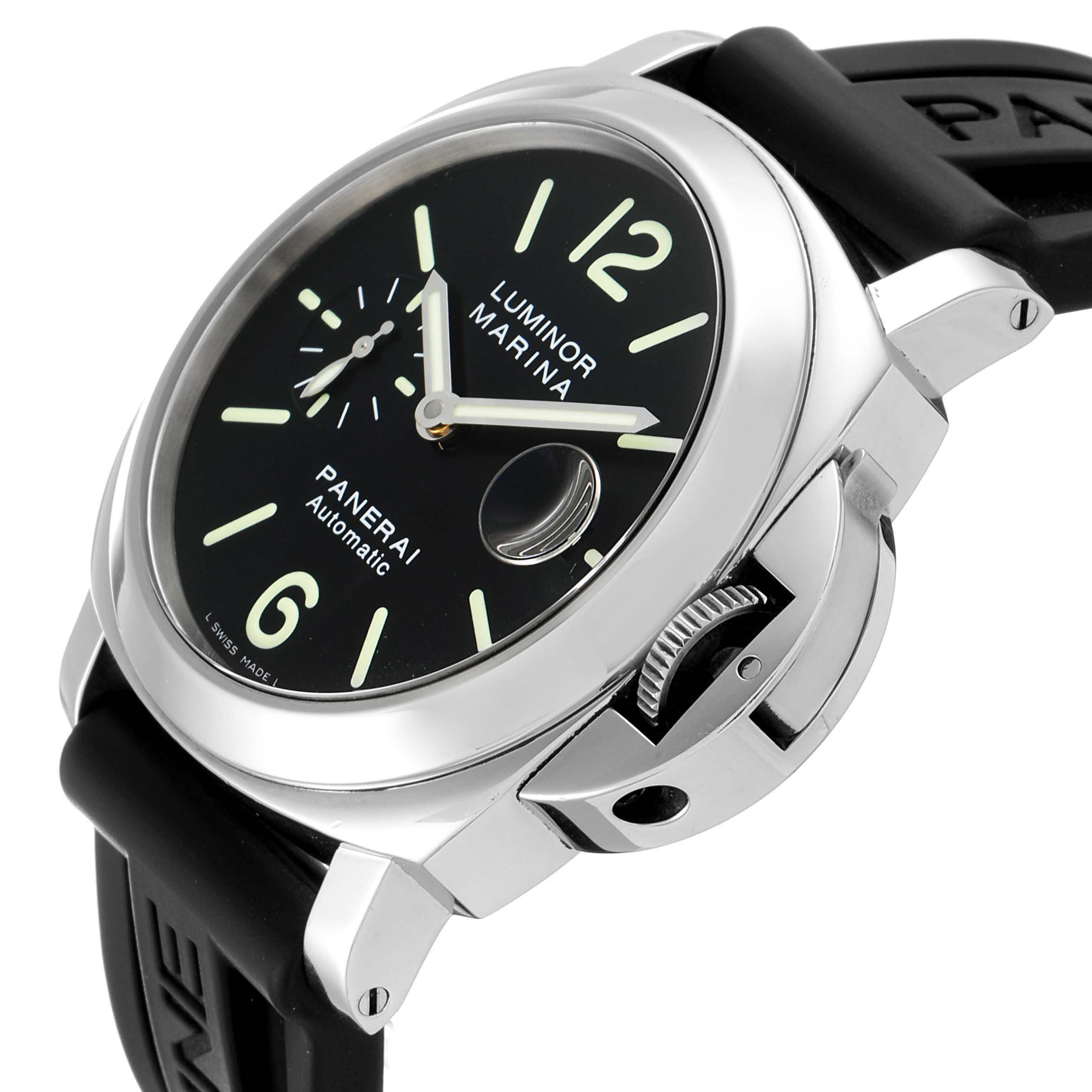 The image shows a Panerai Luminor PAM00104 Men
s Stainless Steel Black Dial PAM00104 Men
s Stainless Steel Black Dial Marina watch at a side angle, highlighting the dial, crown guard, and black strap.
