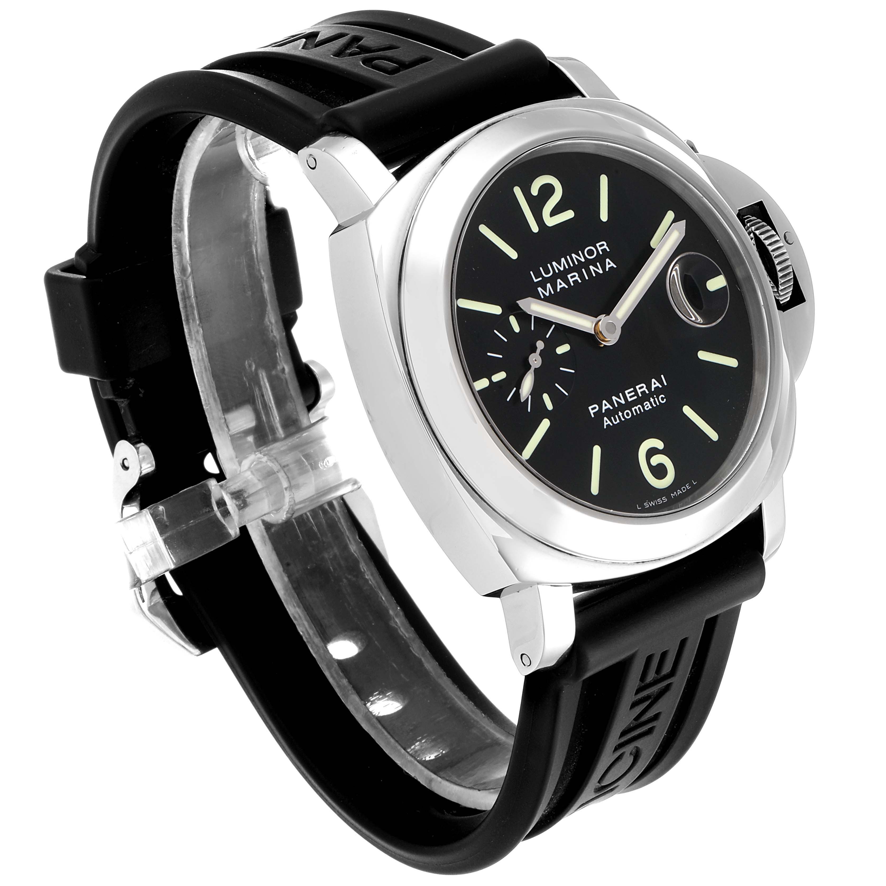 The image shows a Panerai Luminor PAM00104 Men
s Stainless Steel Black Dial PAM00104 Men
s Stainless Steel Black Dial watch at a slight angle, showcasing its black dial, luminous markers, and black rubber strap.