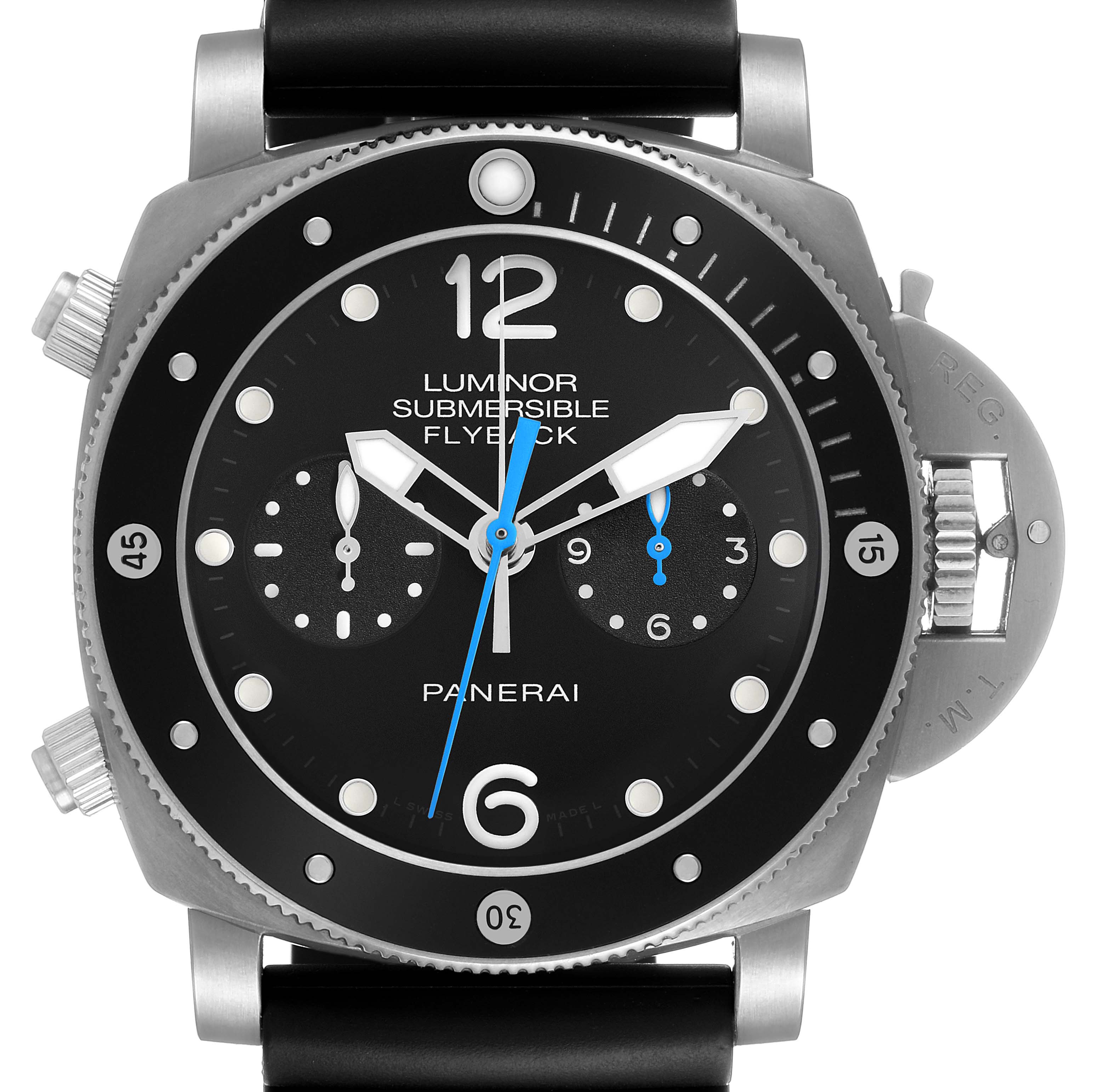 The Panerai Submersible PAM00615 Men's Titanium Black Dial is shown from a frontal angle, highlighting its face, dial, bezel, and strap attachment.