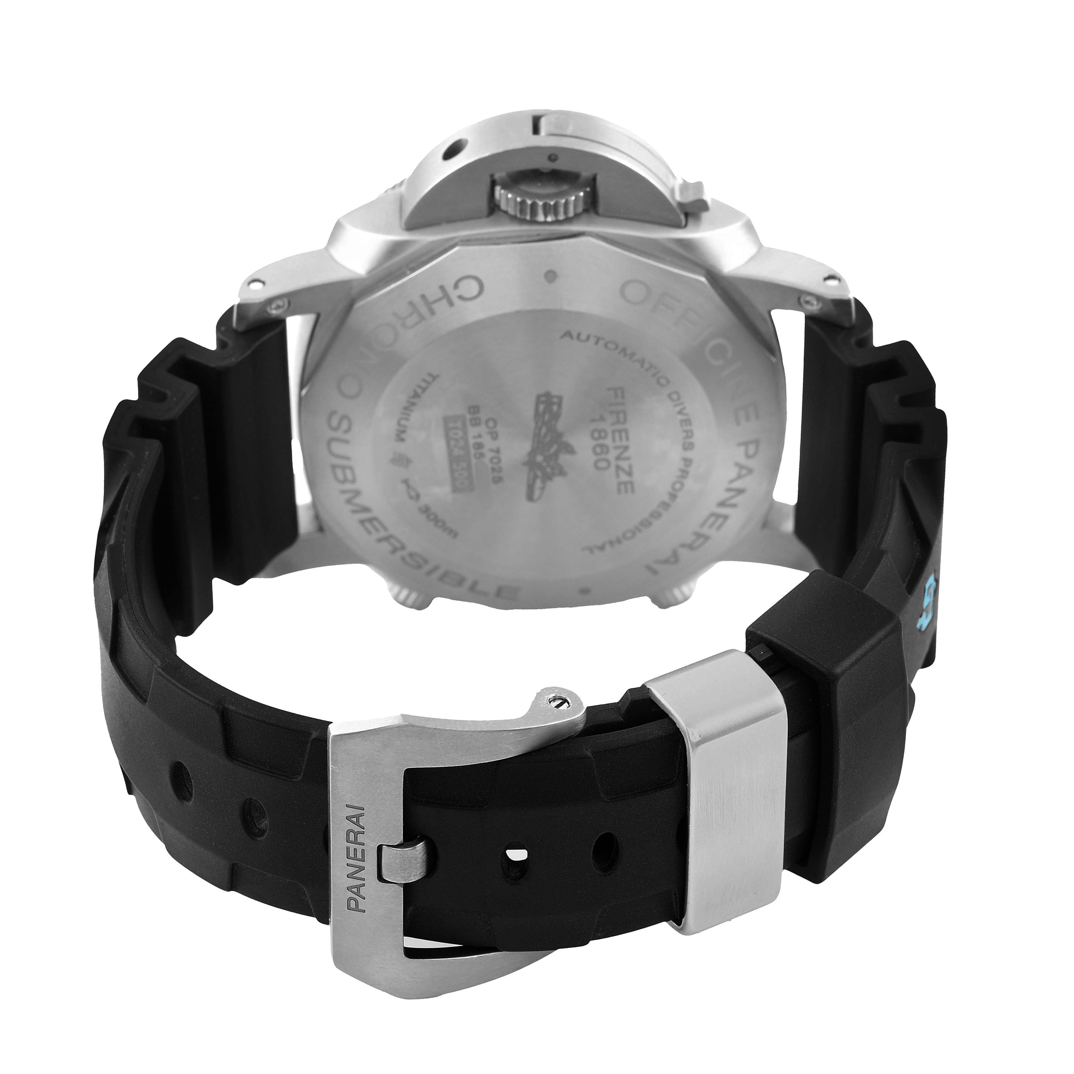 The image shows the back view of a Panerai Submersible PAM00615 Men's Titanium Black Dial watch, highlighting the case back, crown, and rubber strap with buckle.