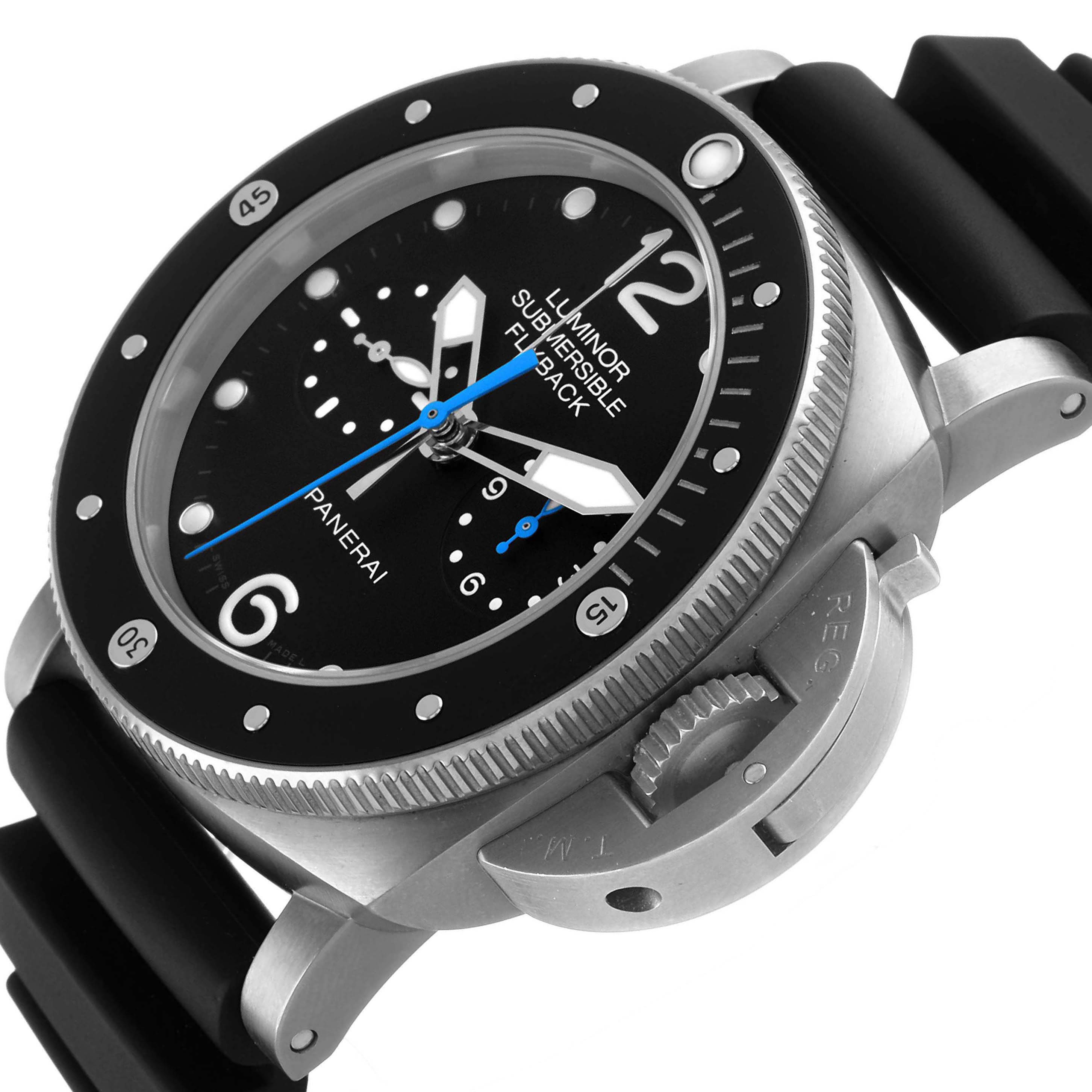 The Panerai Submersible PAM00615 Men's Titanium Black Dial watch is shown from a side angle, displaying the bezel, crown guard, and strap attachment.