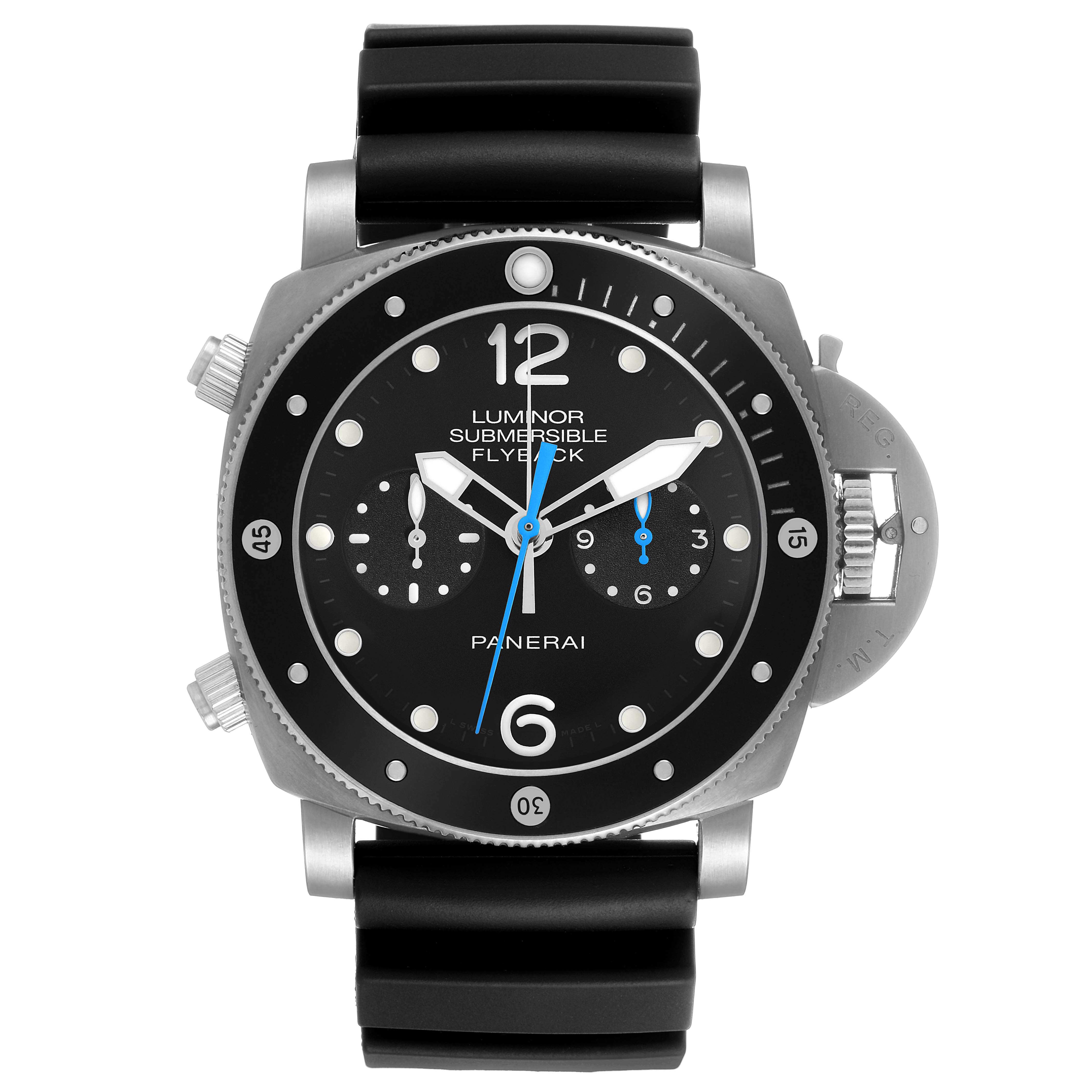 The Panerai Submersible PAM00615 Men's Titanium Black Dial watch is shown from the front, highlighting its black dial, luminous markers, and rubber strap.